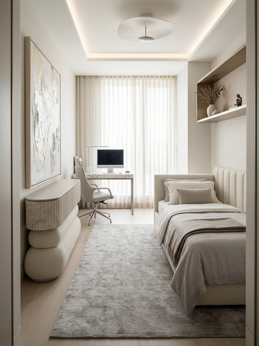 An incredibly lifelike, richly detailed, photorealistic wide-angle interior photograph of a reimagined boutique bedroom and study set in a refined urban luxury residence. The scene is illuminated by soft, diffuse morning daylight filtering through tailored floor-to-ceiling sheer drapery, subtly augmented by recessed perimeter cove illumination and an artistic, low-profile sculptural ceiling fixture, creating an airy, understated, and exquisitely serene atmosphere. Captured with a professional full-frame camera and a sharp 24mm tilt-shift lens, emphasizing tactile bouclé weaves, polished stone veining, smooth architectural finishes, and whisper-thin champagne metal trims.

The reimagined space entirely transforms the room’s proportions, replacing visual clutter with clean-lined contemporary elegance. In place of the busy printed stretch ceiling, a seamless, architectural matte ceiling in a soft pearl-white finish floats gracefully, framed by hidden indirect LED channels that wash the upper walls in a delicate, warm glow. At the far end, dramatic full-height curtains in rich champagne-toned textured linen fall from a concealed ceiling track, softly diffusing panoramic glimpses of a misty city skyline.

To the right, where the bulky cabinetry once stood, sits an exquisite, bespoke daybed retreat. The custom bed features a low-profile headboard tailored in tactile ivory bouclé with vertical channel tufting, paired with crisp organic cotton and washed linen bedding in tones of warm alabaster and soft dove gray. A neatly folded taupe cashmere throw adds an inviting layer of warmth. Above, the overbearing upper storage has been exchanged for a minimalist floating open shelf crafted from brushed champagne-bronze and bleached white oak, minimally adorned with a ceramic vase containing dried botanical sprigs and a petite bronze sculpture.

At the window nook, the workspace is transformed into an executive study zone. A bespoke floating desk features a honed Calacatta marble slab with subtle warm gray veins, supported by sleek, brushed-metal framing. It holds a minimalist ultra-thin silver display, an architectural LED task light in satin nickel, and a neatly stacked curated volume of architectural photography. Tucked beneath is a refined, sculptural ergonomic desk chair upholstered in supple pearl-gray leather.

Along the left wall, the space breathes freely. A low-profile, floating credenza in matte lacquer and fluted stone veneer runs along the lower plane, providing seamless concealed storage. Above it hangs a large-scale, framed minimalist abstract painting—textured with broad, sweeping impasto strokes of gesso, champagne leaf, and charcoal whispers—acting as a serene visual anchor. Underfoot, the pale wood flooring is enhanced by a large, hand-tufted plush wool-and-silk area rug in a heathered soft gray, grounding the room in supreme comfort, absolute balance, and elevated contemporary sophistication.