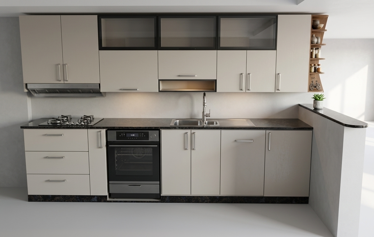 An architectural photograph capturing the exact kitchen composition with ultra-realistic textures. The flat-panel cabinetry is finished in a smooth matte light greige-beige (#CFC0AB), balanced against dark polished granite countertops with natural mineral depth. Stainless steel appliances, hardware, and the sink show authentic brushed reflections and subtle highlights, while the upper glass panels display soft diffused opacity. Natural diffused daylight combines with warm under-cabinet task lighting to produce soft ambient occlusion and gentle drop shadows, captured with a sharp 50mm lens, balanced dynamic range, and tangible real-world micro-textures.