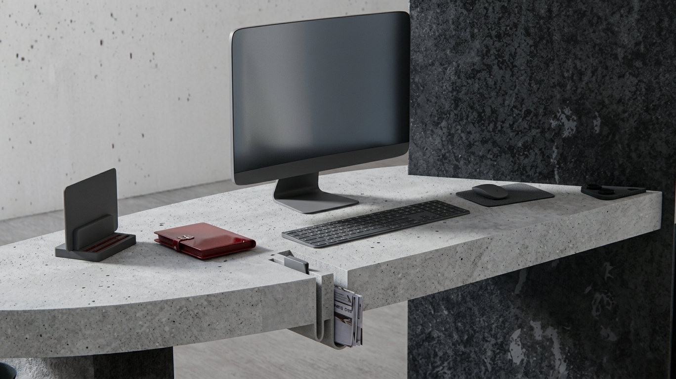 A clean architectural photograph of the exact minimalist workspace, preserving the identical composition, geometry, materials, and colors. The thick cast concrete desk features realistic micro-pores, fine aggregate texture, and matte edge highlights, complemented by the dark, textured stone or composite vertical partition. Soft, diffused daylight from an off-camera window creates natural, gentle shadows and subtle gradients across the surfaces. Matte black electronics, the mousepad, keyboard, and display screen exhibit authentic light diffusion and micro-traces of ambient dust, while the red notebook adds a soft specular gloss. Captured with a professional 50mm lens at f/4, featuring subtle depth of field, balanced exposure, and faint natural film grain for a photorealistic finish.