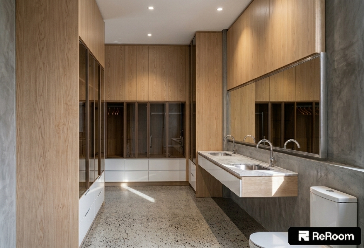 An architectural photograph maintaining the exact composition and structure of the space, updating all cabinet surfaces and paneling to a light blonde natural oak with visible fine woodgrain and a smooth satin finish. Warm ceiling spotlights and angled natural daylight illuminate the polished terrazzo flooring, concrete walls, and white drawers, casting soft directional shadows and realistic reflections across the large mirror and glass-front wardrobes. The floating marble vanity, chrome fixtures, and materials exhibit realistic micro-textures, shot with a sharp architectural lens featuring subtle specular roll-off, faint lens vignetting, and gentle photographic grain.