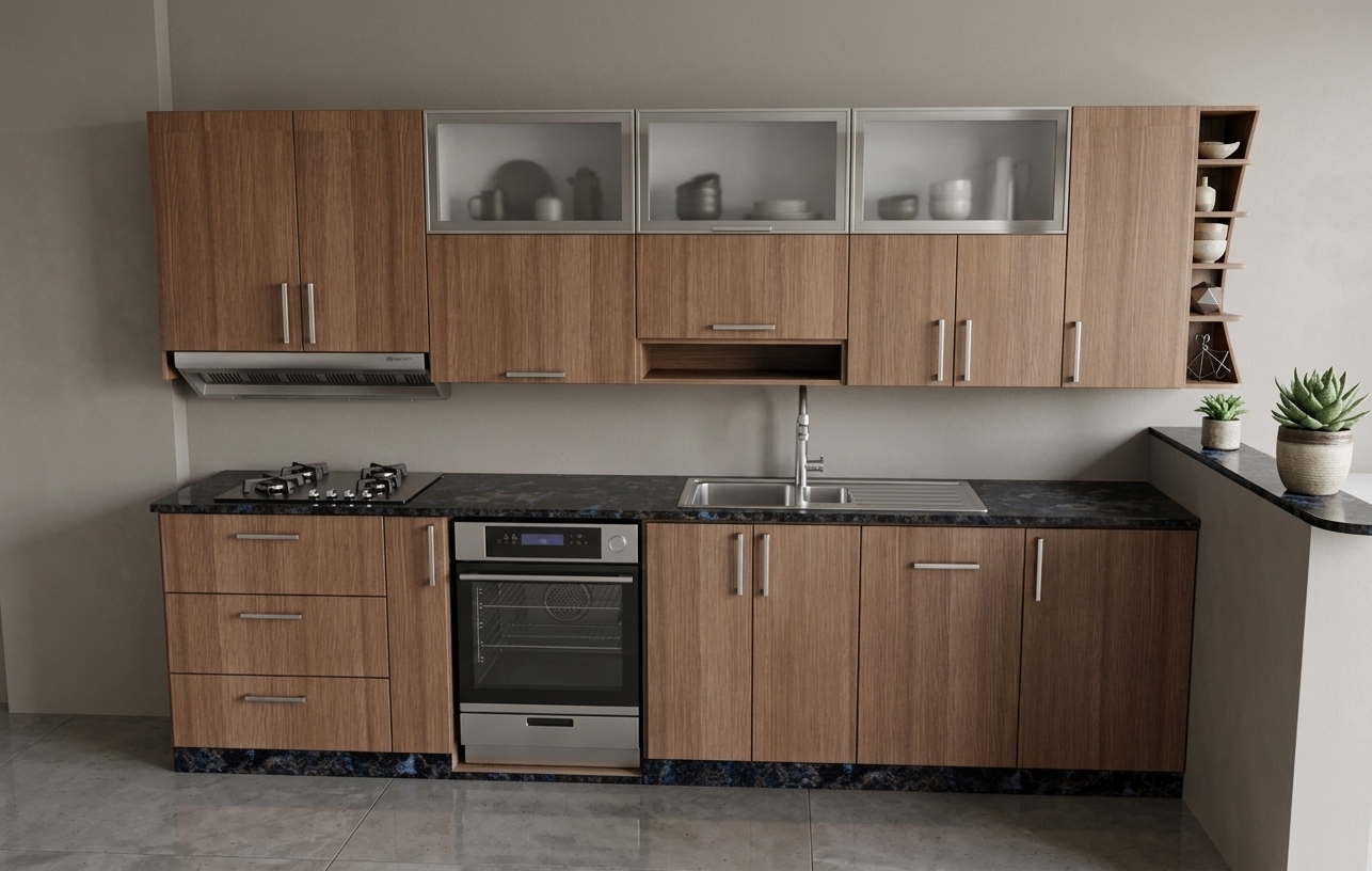 A bright, eye-level architectural photograph capturing the exact modern kitchen setup under crisp, natural spring midday light. The scene is illuminated by balanced 5500K daylight casting soft shadows and gentle reflections across the dark, polished granite countertop and stainless steel appliances. Vertical wood-grain laminate cabinetry exhibits realistic matte textures and tactile depth, complemented by brushed metal handles, a clean stainless steel sink, and glass-accented upper cupboards. Shot with a sharp 35mm lens, the image features balanced ambient bounce, clean geometric lines, subtle surface micro-details, and authentic photographic depth without altering any layout or geometry.