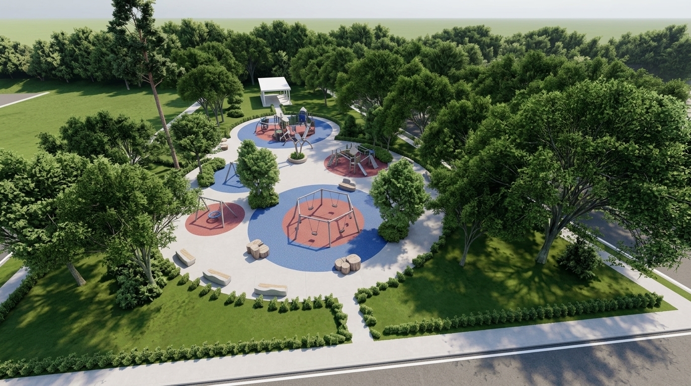 An incredibly lifelike, richly detailed, photorealistic high-angle aerial landscape shot of a modern community playground and park set in an expansive, sun-drenched green environment. The scene is illuminated by crisp, bright natural sunlight casting soft, gentle shadows, creating an airy, fresh, and inviting spring atmosphere. Captured with a wide-angle architectural drone camera, emphasizing the lush textures of manicured turf, dense foliage, and smooth concrete surfaces, the design showcases an organically shaped central recreation plaza set amidst sprawling lawns and mature shade trees. Within the paved plaza, vibrant circular play zones finished in bold cobalt blue and warm red rubber safety flooring define specialized activity areas, featuring a multi-user hexagonal swing set, dual swings, and dynamic multi-level climbing structures with colorful slides. Natural timber-style cluster benches and sculpted seat walls provide relaxed viewing spots, while neatly clipped perimeter hedges frame the clean concrete walkways leading out toward the adjacent roadway, all culminating toward a modern white open-air shelter nestled serenely against a deep forest backdrop.