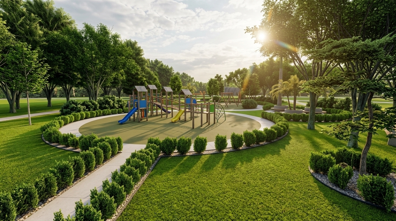 An incredibly lifelike, richly detailed, photorealistic wide-angle landscape shot of a contemporary community playground set in a lush suburban park. The scene is illuminated by radiant golden sunlight breaking through the tree canopy with a striking lens flare, creating a vibrant, idyllic atmosphere. Captured with a high-resolution camera paired with a 24mm wide-angle lens, emphasizing the fine textures of the manicured emerald grass, the crisp symmetry of low-trimmed evergreen hedges lining smooth concrete pathways, and the colorful finishes of the modular play structures. At the focal center, an open-concept play area showcases sleek climbing nets, primary-colored slides, and geometric towers anchored onto a circular, olive-toned rubberized safety floor, complemented by nearby swings and circular seating planters beneath slender palms. Framed by dense, leafy trees that cast soft, dynamic shadows across the expansive lawn, the composition balances sleek, modern community architecture with abundant spring greenery under an open, gently clouded sky.