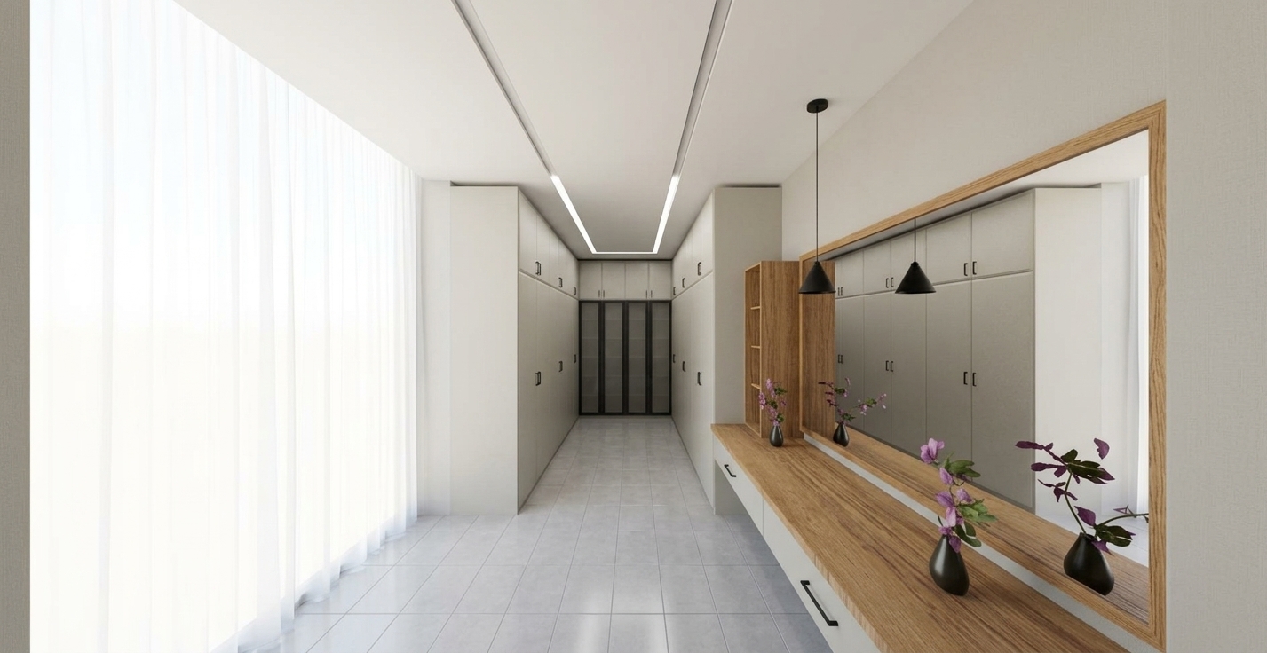A clean architectural interior photograph of the corridor bathed in bright, diffused midday spring sunlight coming from the open left side. The scene retains its exact perspective and geometry, featuring genuine natural textures: rich organic oak grain along the wooden countertop, crisp and accurate reflections in the large framed mirror, and smooth satin finishes on the cabinetry. Delicate purple flowers in the dark vases catch gentle spring daylight, while the light floor tiles display realistic soft reflections and subtle grout details. Balanced daylight harmonizes with the interior pendant lighting, rendered with natural exposure, fine surface micro-textures, and sharp photographic depth.