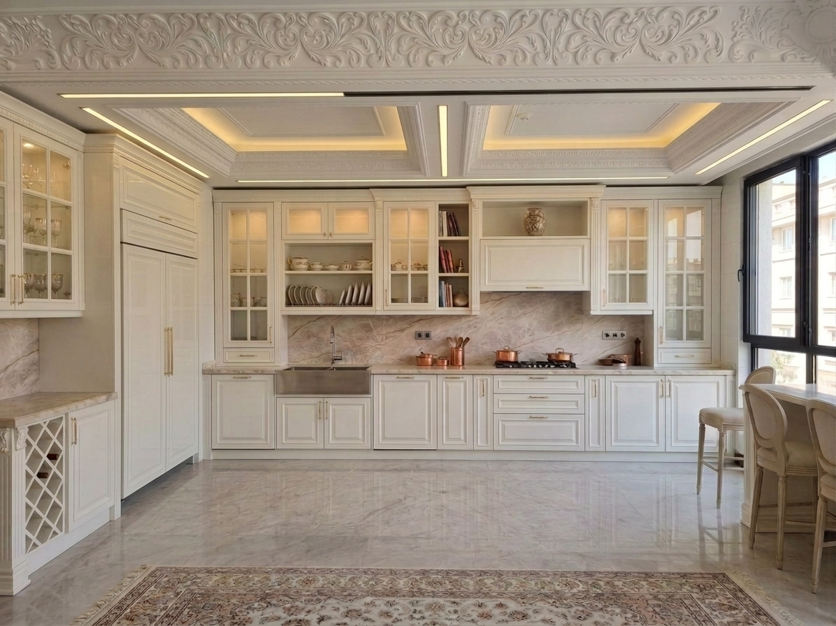 An architectural interior photograph of the spacious neoclassical kitchen, showcasing seamless high-gloss white cabinetry where the left-hand cabinetry is reconfigured as an integrated surround frame for a side-by-side refrigerator while maintaining the matching classic moldings. Crisp daylight from the right-hand window softly mingles with warm 3000K ceiling cove and cabinet lighting, casting gentle specular highlights across the polished lacquer doors, polished marble flooring, and stone backsplash. Shot at eye level with a wide-angle architectural lens, the image displays natural material textures, authentic reflections on the glossy panels, and balanced exposure with subtle shadow falloff.