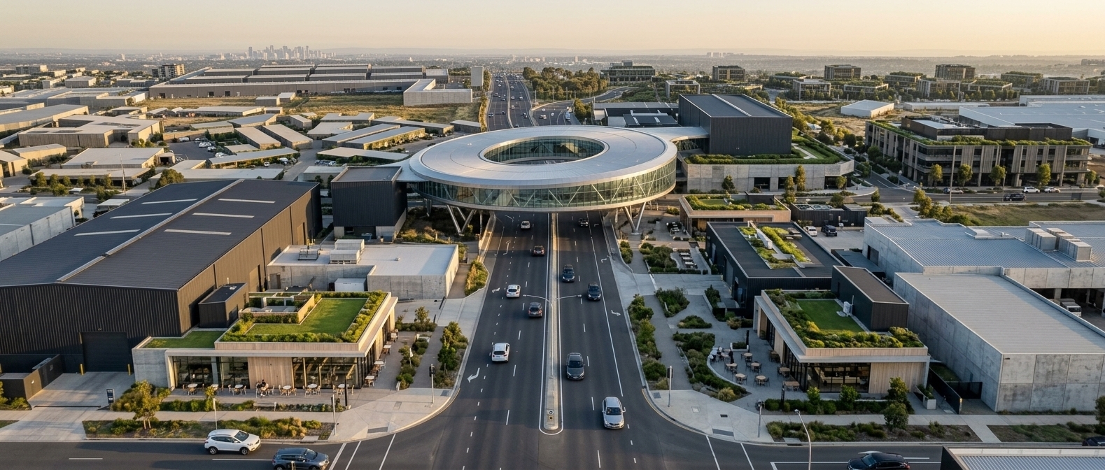 An incredibly lifelike, richly detailed, photorealistic elevated wide-angle aerial shot of an innovative mixed-use urban district set in a forward-thinking metropolitan edge. The scene is illuminated by the soft, warm golden hues of a late-afternoon sun cutting through crisp atmospheric air, creating a serene, sophisticated, and vision-driven atmosphere. Captured with a Hasselblad H6D-100c medium-format camera and a 24mm f/4 tilt-shift lens, emphasizing the seamless curved glass curtain wall and brushed titanium finish of the monumental ring-shaped community center suspended gracefully as an elevated sky-hub directly over a busy, pristine multi-lane highway below. Around this dynamic transit corridor, the surrounding parcels are masterfully transformed into a minimalist haven, pairing sleek industrial complexes clad in corrugated dark steel and textured cast concrete with vibrant, street-level specialty coffee shops characterized by light Scandinavian timber accents, expansive floor-to-ceiling glazing, outdoor patio seating, and manicured green verandas that soften the contemporary industrial aesthetic.