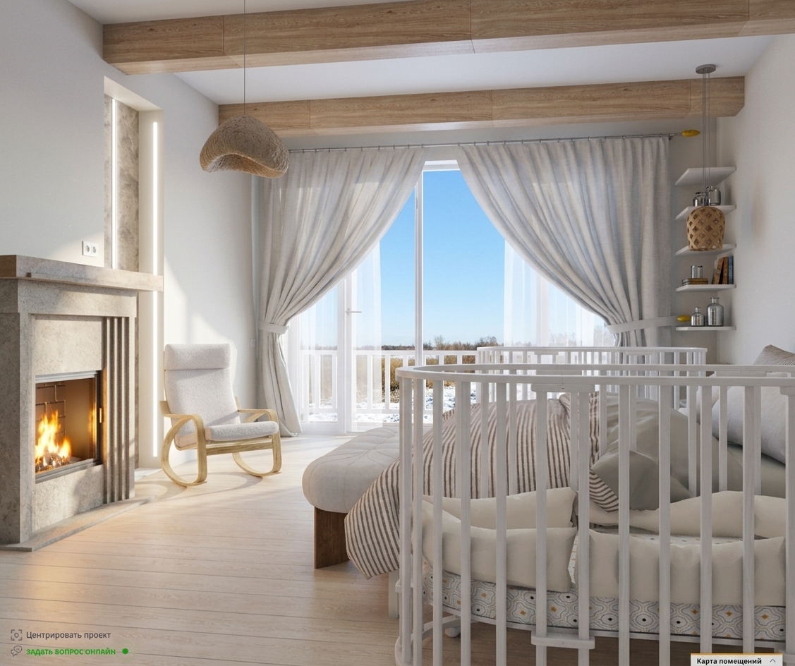 A realistic photograph capturing the exact room geometry, layout, and composition, illuminated by crisp, bright winter midday daylight pouring through the balcony doors. The cool ambient winter light contrasts gently with the warm, soft glow emanating from the fireplace. Exposed ceiling beams and light flooring display authentic matte wood grain and micro-textures, while the drapery, bedding, and white round cribs feature natural fabric folds and realistic surface finishes. Captured with a professional wide-angle interior lens, featuring subtle light falloff, balanced exposure between the bright exterior and cozy interior, natural ray-traced shadows, and delicate film grain.