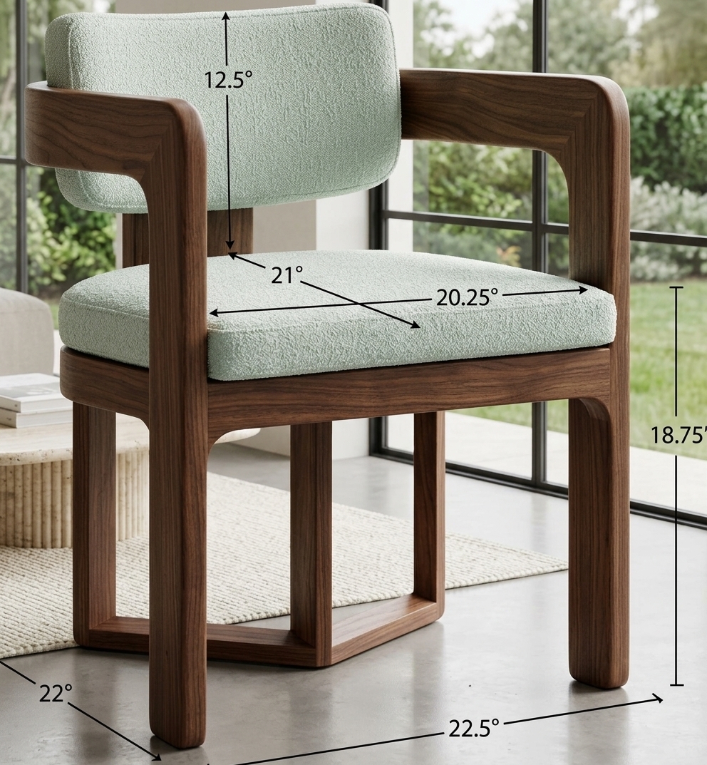 An incredibly lifelike, richly detailed, photorealistic medium-wide interior shot of an elevated bespoke lounge chair set in a sun-drenched, contemporary living room of an upscale modern residence. The scene is illuminated by diffused late-afternoon natural light pouring through floor-to-ceiling minimalist steel-framed windows, creating a serene, inviting, and sophisticated atmosphere. Captured with a full-frame camera using an 85mm f/1.4 prime lens, emphasizing the rich, organic grain of deep walnut wood, the plush tactile weave of the mint-green upholstery, and the subtle sheen of micro-cement flooring. The reimagined chair elevates the modern silhouette with a sculptural frame of solid American walnut featuring fluid curved armrests, seamlessly supporting a deeply cushioned seat and floating curved backrest upholstered in an elegant, textured pale-mint bouclé fabric. Positioned harmoniously beside a low-slung, fluted travertine coffee table and an ivory textured wool area rug, the chair balances modern architectural geometry with ergonomic comfort, while expansive outdoor views of lush green gardens outside complete the tranquil, refined composition of contemporary elegance.