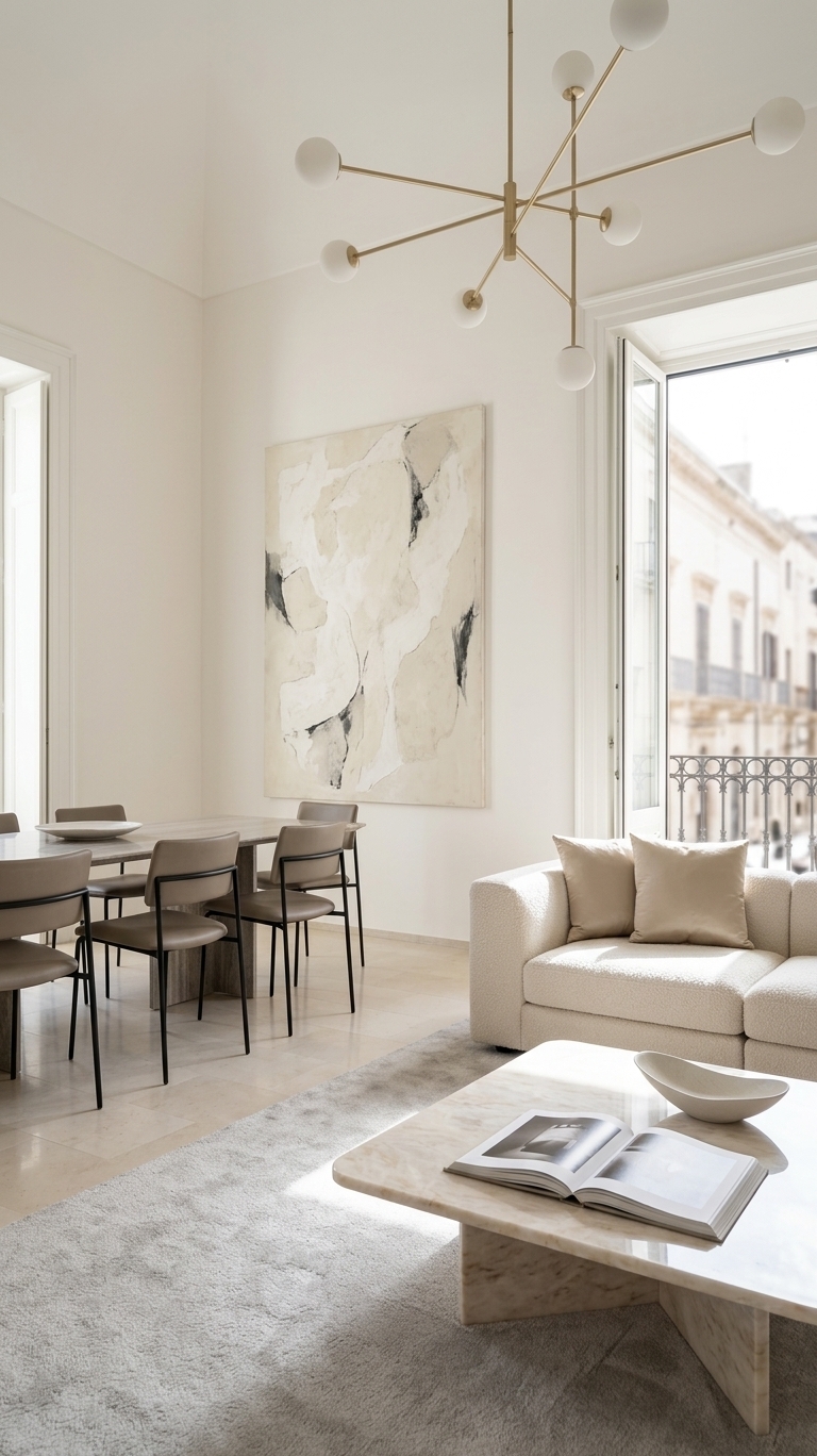 An incredibly lifelike, richly detailed, photorealistic wide-angle interior photograph of an expansive living and dining salon set in a refined apartment in coastal Bari, Italy. The scene is illuminated by crisp, natural midday spring sunlight pouring generously through tall glass French doors that open onto a private balcony, creating a bright, airy, and serene atmosphere. Captured with a high-end full-frame architectural camera and a 24mm tilt-shift lens, emphasizing precise vertical lines, the tactile textures of bespoke upholstery, and polished stone finishes.

The spacious room unfolds in a balanced, contemporary layout dressed in an understated palette of warm white, luminous pearl, soft champagne, and gentle mineral gray. In the foreground of the living area, a tailored modular sofa upholstered in a rich, pearl-toned bouclé fabric is accented with muted champagne silk cushions. It frames a low-profile coffee table sculpted from polished Fior di Bosco stone, whose delicate veining subtly catches the direct sunlight. Resting on its reflective surface is a heavy, linen-bound photography book left casually open, beside a slender sculptural ceramic bowl. Beneath, a thick, low-pile rug in light heather gray anchors the seating ensemble over polished pale limestone tiles that give off a silky, satin sheen.

On the smooth, warm-white accent wall, a grand abstract painting stretches toward the ceiling, its textured plaster strokes of cream, ecru, and charcoal adding depth and artistic sophistication. Suspended overhead, a minimalist sculptural chandelier featuring matte champagne-brass arms and frosted globes provides a dramatic focal point without cluttering the visual sightlines. 

In the integrated dining section along the adjacent wall, a sleek dining table with a beveled stone top is surrounded by tailored dining chairs featuring slender blackened-steel frames and taupe leather upholstery. Through the open balcony doors, the wrought-iron railing and the sun-bleached facades of the historic street outside are softly visible, blurred gracefully by a gentle depth of field that keeps the focus crisply locked on the elegant, light-filled interior.