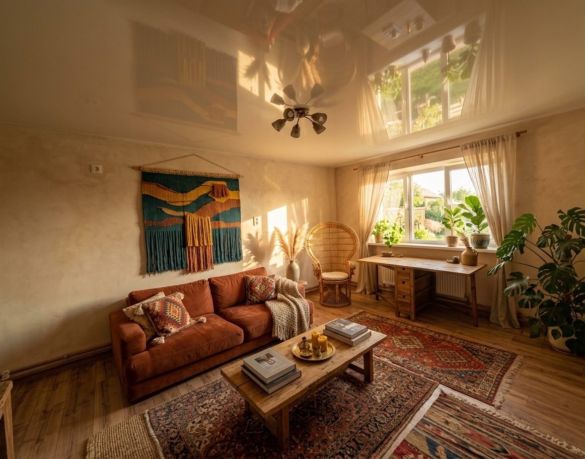 An incredibly lifelike, richly detailed, photorealistic wide-angle shot of a transformed bohemian living room set in a sun-drenched residential retreat. The scene is illuminated by warm, golden afternoon sunlight streaming through breezy sheer linen curtains, creating an inviting, cozy, and free-spirited atmosphere. Captured with a 24mm tilt-shift architectural lens, emphasizing raw timber grain, textured fringe, and lush botanical greenery, the once-stark space becomes a vibrant bohemian oasis. 

The cold white walls are softened with warm, earthy limewash tones, anchored by a large handcrafted woven tapestry in rich shades of deep teal, mustard yellow, and terracotta. In place of the bare floor, layered vintage Persian and Moroccan kilim rugs spread warmth across the rich wood, supporting a plush, low-profile burnt-rust sofa accented with tasseled kilim throw pillows and chunky knit blankets. Complementing the seating, a natural peacock rattan armchair and braided macramé hanging chair invite relaxed lounging. A low reclaimed-wood coffee table sits at the center, styled with thick matte-finish photography books, brass trinkets, and scented beeswax candles. The window zone is reimagined as a lush plant sanctuary overflowing with sprawling monsteras, fiddle-leaf figs in artisanal ceramic pots, and tall stoneware vases filled with fluffy pampas grass, creating a harmonious balance of handcrafted soul, eclectic global charm, and effortless modern comfort.