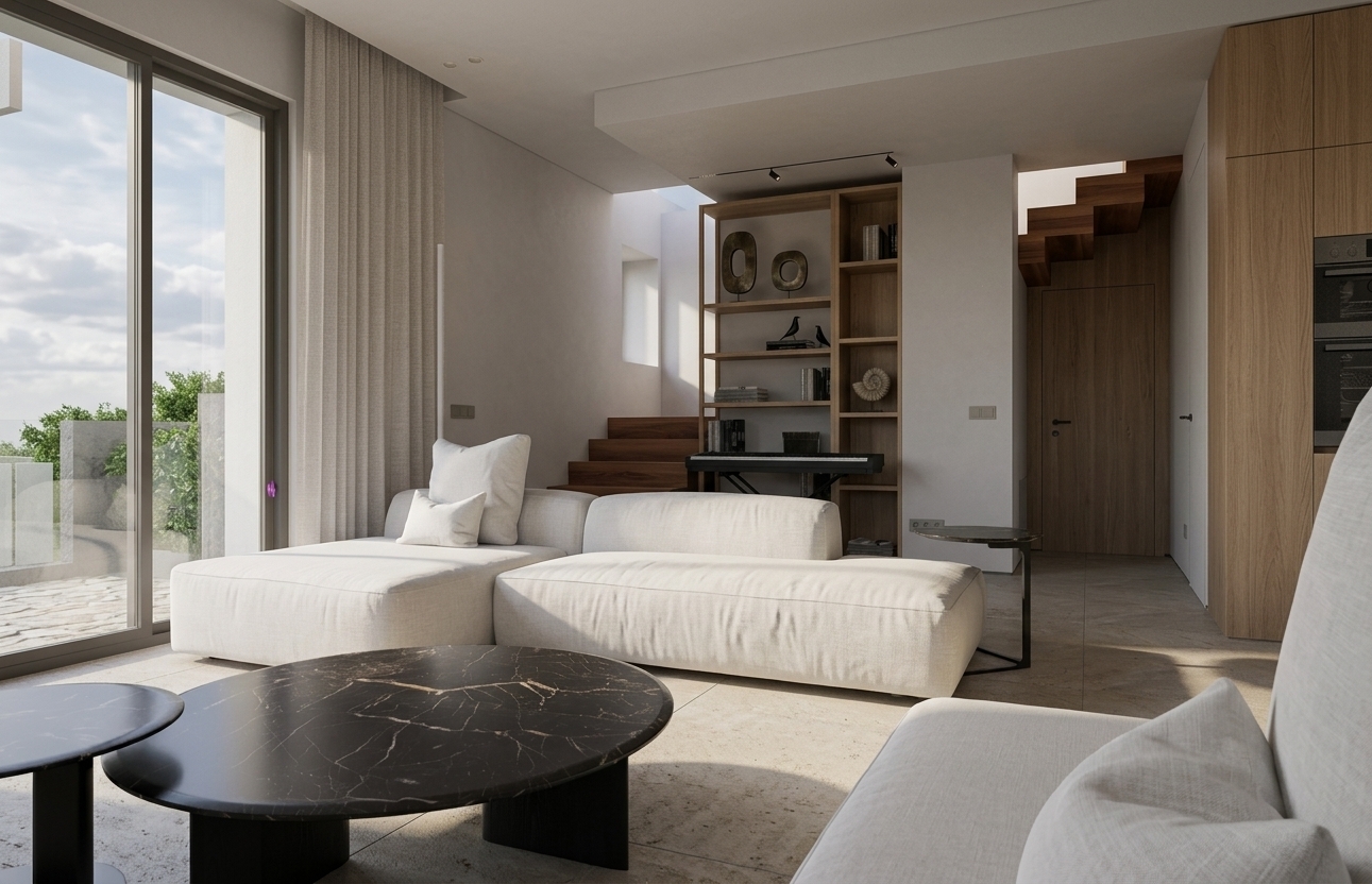 A photorealistic architectural photograph capturing the exact modern living room scene bathed in warm midday sunlight pouring through the large sliding glass doors. The white modular sofa reveals natural linen fabric micro-weave textures and soft organic creasing, while the dark round coffee table displays realistic black marble veining with subtle satin reflectivity. Surrounding light oak cabinetry, smooth plastered walls, and stone floor tiles showcase authentic material depth with balanced ambient bounce lighting and gentle contact shadows. Shot on a 24mm tilt-shift lens with crisp focus throughout, subtle depth of field falloff, a delicate film grain, and mild lens flare for a true-to-life editorial interior aesthetic.