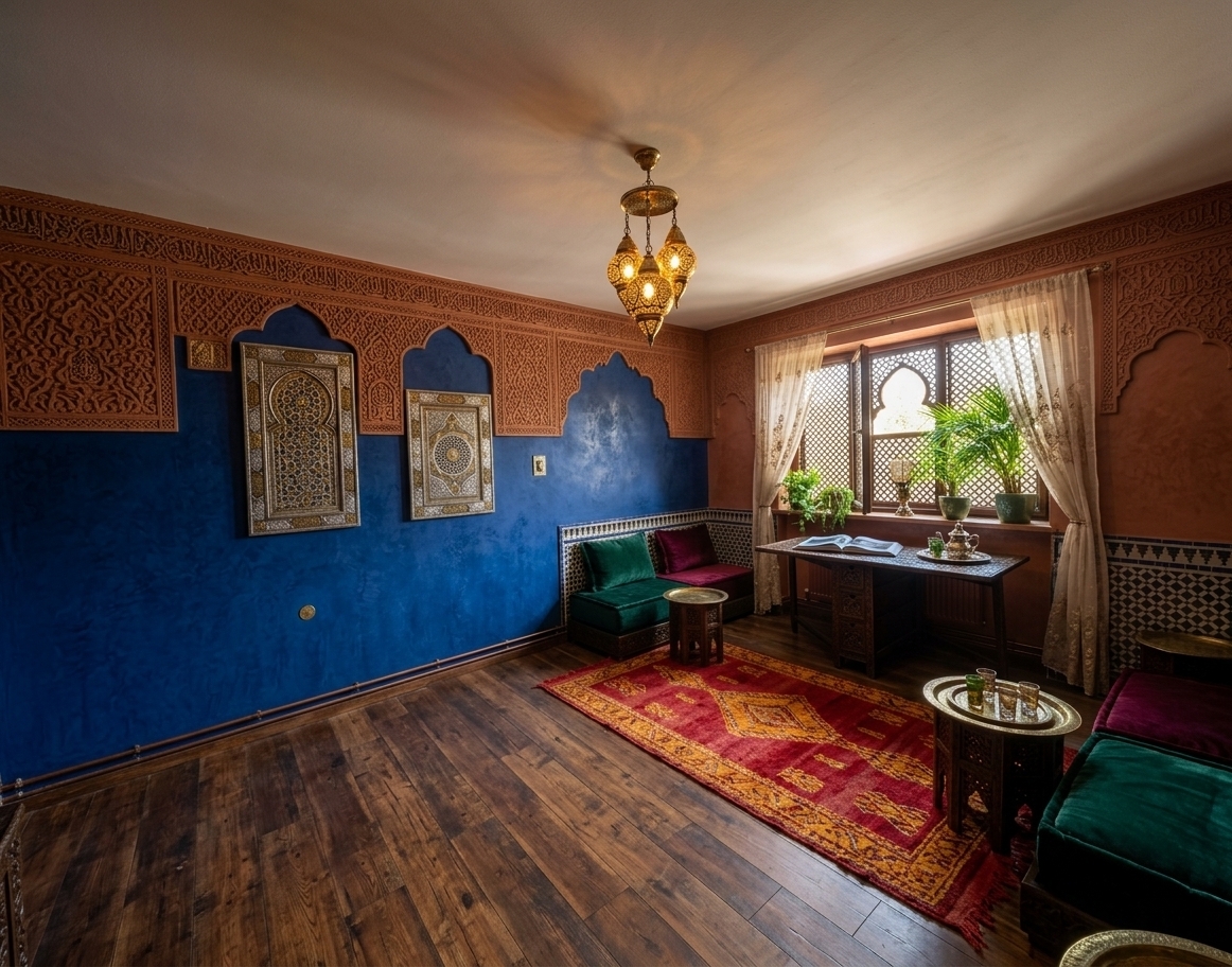 An incredibly lifelike, richly detailed, photorealistic wide-angle interior shot of a Moroccan mystique-themed living room set in a richly renovated apartment. The scene is illuminated by the warm, amber glow of pierced brass pendant lanterns mingled with filtered afternoon sunlight streaming through sheer embroidered drapes, creating an exotic, intimate, and sensual atmosphere. Captured with a 24mm wide-angle lens at f/4, emphasizing the tactile plaster textures, hammered metals, and plush woven textiles. The previously stark white walls are reimagined in deep royal blues and warm terracotta tadelakt plaster, adorned with ornate geometric wall art and intricate Moorish plaster carvings. Across the warm wood floor, a rich vintage Berber rug in crimson reds and saffron golds anchors the space, supporting low-profile, carved dark-wood seating topped with jewel-toned velvet cushions. A hand-hammered brass tea table rests centrally, displaying an open photography book of North African architecture alongside traditional silver tea ware. Lush indoor palms and trailing greenery frame the updated carved moucharaby-style window screen, while intricately patterned ceramic tiles and vibrant brass accents transform the room into a vibrant, ornate Middle Eastern sanctuary.