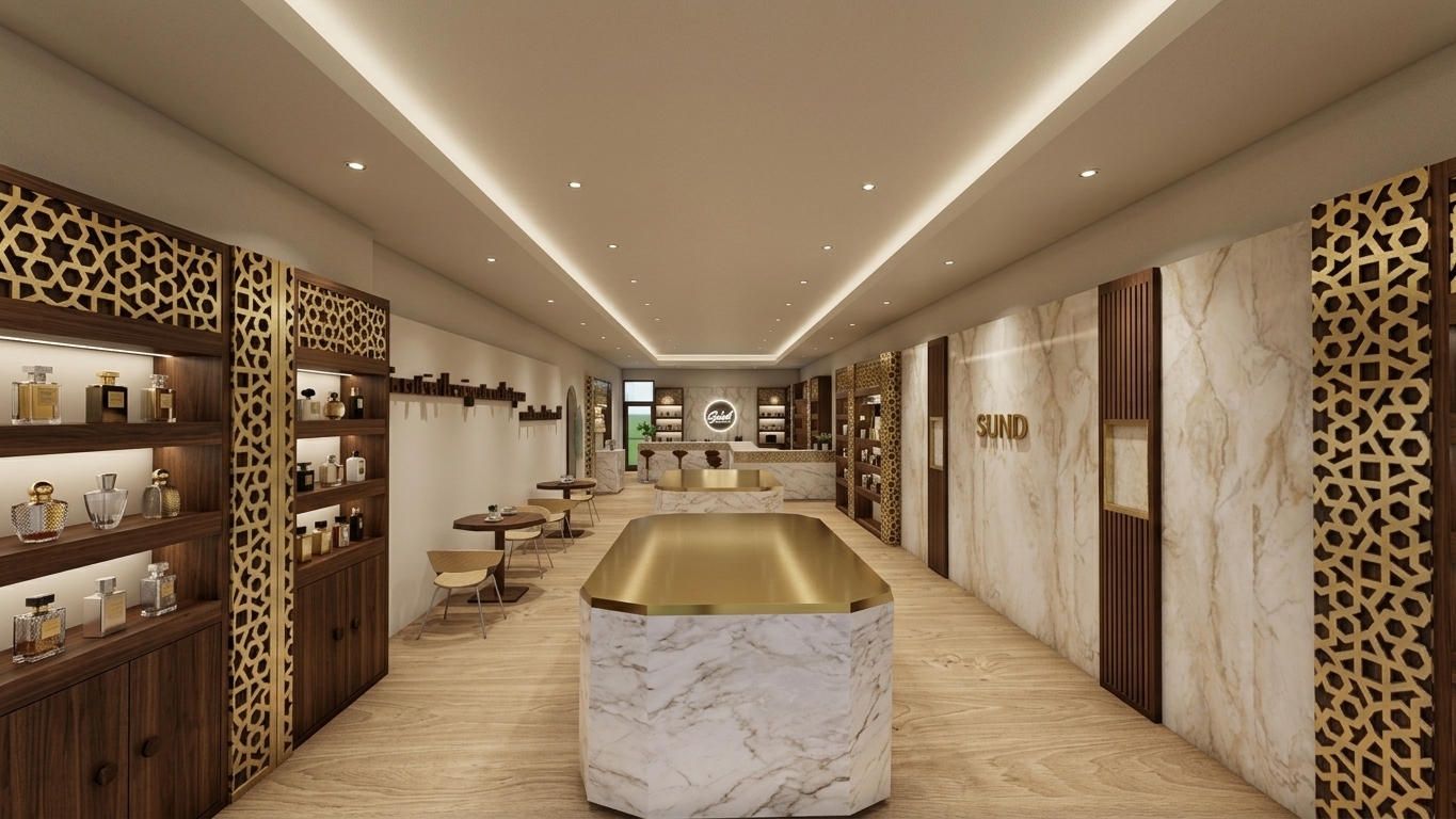 A professional eye-level architectural photograph of a luxury perfume boutique, maintaining the exact perspective, layout, and geometry of the space. The scene is illuminated by soft, recessed warm spotlights and gentle under-shelf accent lighting that casts delicate glows across the surfaces. Rich, natural dark walnut textures with a soft satin finish define the cabinetry, while the decorative mashrabiya panels feature crisp, cast metallic details with subtle shadowing. The feature wall displays realistic polished marble with soft, natural veining and lifelike specular reflections, complemented by the authentic matte grain of the oak flooring. Central display plinths showcase smooth matte composite finishes. Captured on a 24mm tilt-shift lens, the atmosphere is refined and atmospheric, featuring balanced natural light filtering from the distant entrance, balanced dynamic range, and slight natural lens falloff.
