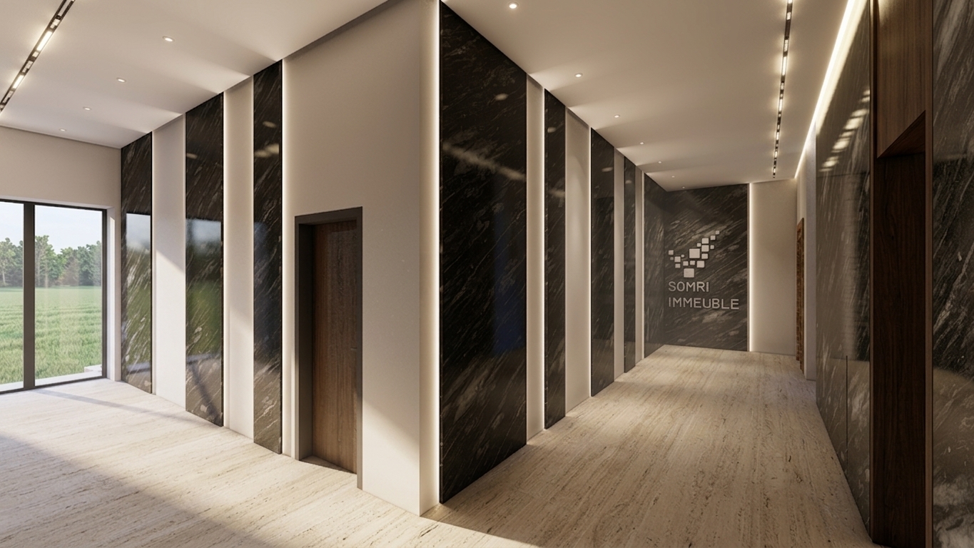 A professional architectural photograph of a luxury modern hallway, captured with a tilt-shift wide-angle lens maintaining perfectly vertical lines, sharp depth of field, and balanced interior exposure. The composition, geometry, materials, and layout are strictly preserved, featuring polished black marble wall panels set between clean white architectural pilasters, paired with light beige veined travertine flooring and a dark wood door. Soft natural daylight floods in from the tall window on the left, subtly washing across the floor with authentic diffuse reflections and realistic ambient bounce light. The recessed vertical LED light strips along the black marble panels emit a warm, soft diffuse glow with smooth physical light falloff against the matte gypsum walls. Overhead recessed spotlights and track lighting cast gentle, natural light cones and realistic contact shadows, accentuating the ceiling geometry and illuminating the corridor leading toward the branded marble feature wall. Every surface exhibits true physical material properties: the polished black marble displays authentic Fresnel reflections and micro-surface depth without artificial gloss, the honed travertine floor shows subtle tactile striations and satin specular highlights, the wood door displays rich organic grain, and the clear window glass reveals a naturally exposed outdoor landscape with delicate atmospheric bloom, all captured with clean tonal roll-off, subtle natural grain, and uncompromising photorealism.