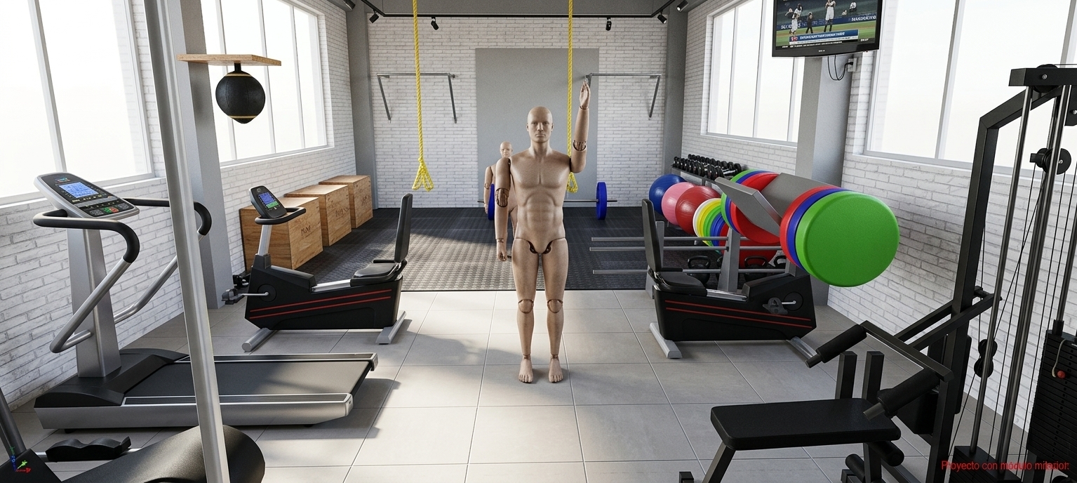 A crisp, photorealistic interior photograph of this gym space, maintaining the exact layout, equipment geometry, and wide-angle perspective. The large side windows feature clear, reflective glass allowing cool, natural daylight to spill across the room, balancing the interior ceiling lighting. White painted brick walls show realistic masonry texture, alongside matte-black powder-coated steel machines, textured black rubber flooring, and smooth ceramic floor tiles with soft contact shadows. The central figures are rendered with lifelike athletic textures, while the colorful bumper plates and fitness equipment display authentic rubber, vinyl, and metal sheens.