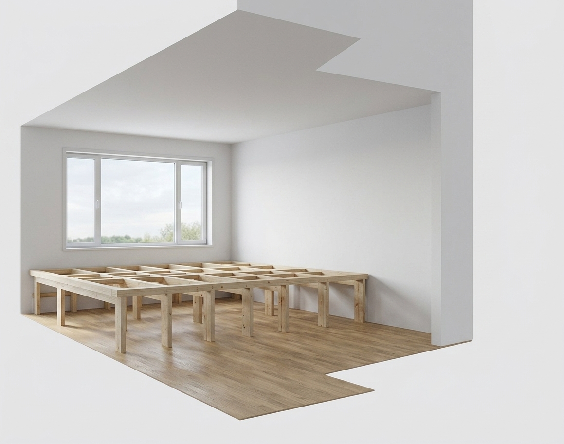 A crisp architectural photograph of the cutaway room scene, illuminated by natural diffuse daylight streaming through the window. The platform framework is rendered as authentic raw construction lumber with visible grain, saw marks, and structural joints, casting realistic soft shadows onto the textured light oak floorboards below. The walls and ceiling feature a clean matte white drywall finish with natural ambient occlusion in the corners, captured with an architectural wide-angle lens, neutral color temperature, and balanced exposure that reveals subtle micro-textures across all wooden and painted surfaces.