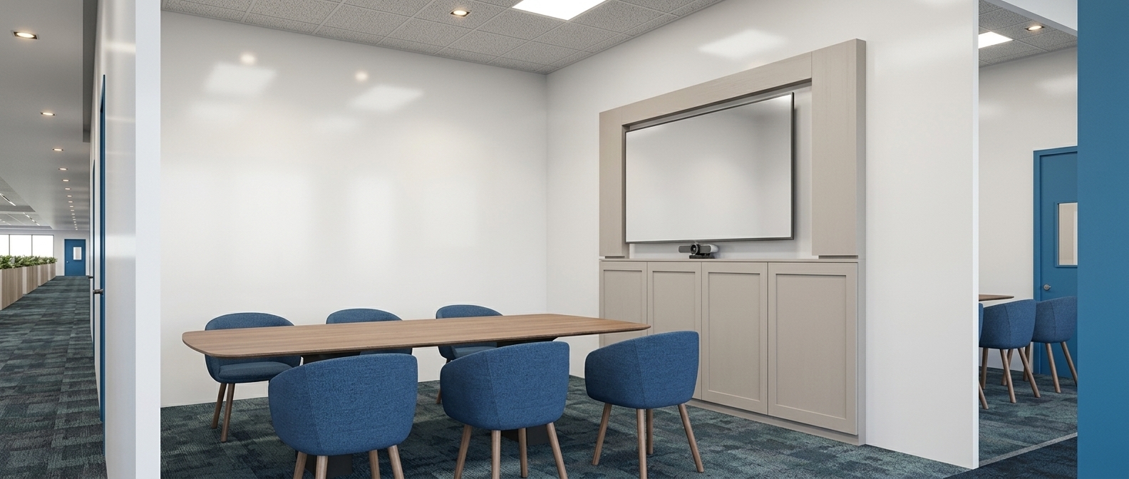 Render the meeting room with realistic materials and lighting: 50x50 Voxflor Awakening 052 carpet tiles on the floor, 60x120 troffer lights and recessed pinlights in a 60x60 acoustic ceiling grid, a painted wood accent TV wall, a blue door with a viewing glass panel, a wooden conference table with six blue chairs, and glossy white walls.