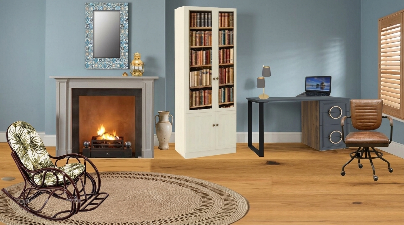 Create a photorealistic interior photograph based on this collage, preserving the exact layout, color scheme, and every furniture piece without additions or removals.

Render realistic materials, correct perspective, and physical lighting:
- Walls: Muted light slate-blue wall with natural daylight and subtle shadows.
- Floor: Realistic warm oak hardwood flooring.
- Left: Classic stone fireplace with a mantle and glowing fire. Mounted on the wall directly above it hangs the mosaic-pattern framed mirror. On the mantle rests a brass lantern.
- In front of the fireplace: A dark bentwood rocking chair with a botanical palm-leaf cushion resting on a round braided jute rug.
- Between fireplace and bookcase: A tall ceramic jug vase on the floor.
- Center: Tall off-white painted wooden bookcase with books behind glass doors and solid lower cabinets.
- Right: Modern dark gray writing desk with wooden side drawers featuring circular pull handles; place the small double-shaded desk lamp upright and straight on the desk surface next to an open laptop.
- Seating: A distressed brown leather swivel office chair with padded horizontal stitching.
- Far right: Natural wood louvered window shutter letting in soft daylight.

Style: High-end interior architectural photography, shot at eye level, with realistic depth of field, soft shadows, and warm ambient light blending with natural daylight.