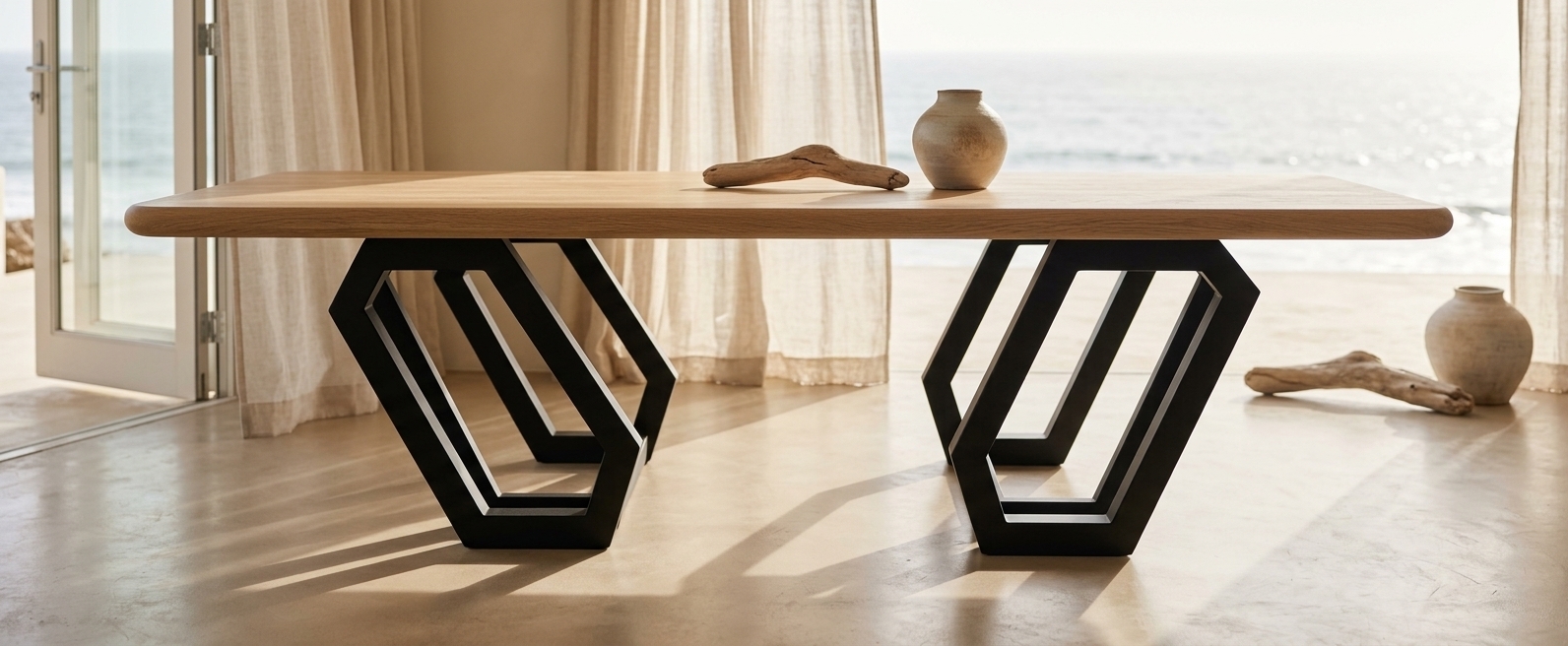 An incredibly lifelike, richly detailed, photorealistic eye-level interior shot of a sculptural dining table set in a luminous, contemporary coastal dining room. The scene is illuminated by soft, warm daylight streaming through open floor-to-ceiling glass doors where sheer linen curtains gently billow with the incoming coastal breeze, creating an airy, serene, and sophisticated atmosphere. Captured with a full-frame camera using a 50mm f/2.2 prime lens, emphasizing the tactile, fine-grained texture of the substantial solid white oak (encino) slab with smooth, gently rounded edges, beautifully juxtaposed against the robust, matte-black powder-coated metallic bases crafted into open geometric, faceted forms. Subtle reflections and soft angular shadows from the steel legs fall across a polished, sand-toned microcement floor, while out-of-focus hints of minimalist seaside decor and shimmering ocean light in the background ground the centerpiece table in its luxurious beachfront setting.
