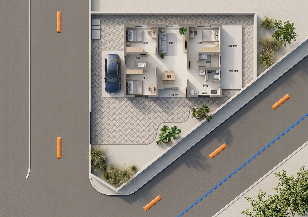 An incredibly lifelike, richly detailed, photorealistic bird's-eye architectural cutaway photograph of a modern residential residence centered on an uncluttered living room set in a peaceful corner-lot suburban environment. The scene is illuminated by soft, diffused daylight pouring through generous glass windows, creating a serene, zen-inspired atmosphere. Captured with a medium-format camera and a wide architectural lens, emphasizing matte walls, smooth oak flooring, and crisp herringbone masonry. Within the open-concept central living space, a streamlined dove-gray linen sofa faces an understated low-profile entertainment console, complemented by a minimalist wooden dining set in tones of natural ash. Polished, clutter-free surfaces feature subtle modern styling, including a sleek hardcover photography book resting on a blackened-steel side table, delicate potted indoor greenery in ceramic planters, and framed monochromatic abstract art adorning the pristine off-white walls. Beyond the tranquil interior, the layout seamlessly reveals private bedrooms, tidy functional baths, and the textured herringbone driveway where a glossy sedan rests under the carport, perfectly balancing functional elegance with warm minimalism.