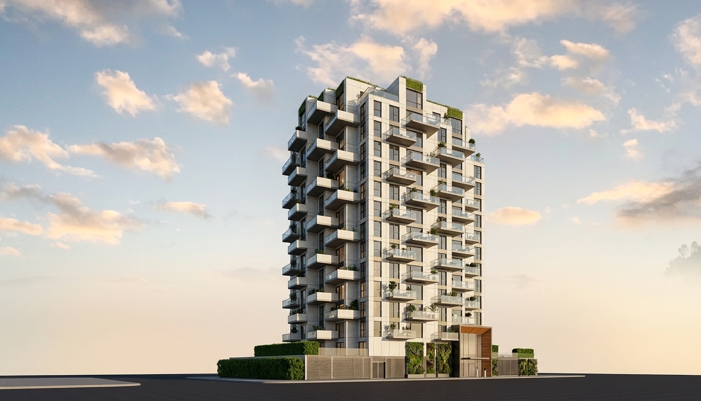 A crisp daytime architectural photograph capturing the exact high-rise apartment building geometry and dynamic perspective from the original image. The facade features realistic textured concrete panels in varied neutral tones, dark metal window frames, and clear glass balcony railings with natural sky reflections. Soft, directional daylight creates realistic depth and shadows, complemented by warm interior lights glowing from select apartments. Natural details include small potted flowers and faint resident silhouettes on balconies, alongside clean ground-level greenery. Captured with an architectural tilt-shift lens, displaying sharp micro-textures, authentic material physics, and subtle natural contrast.