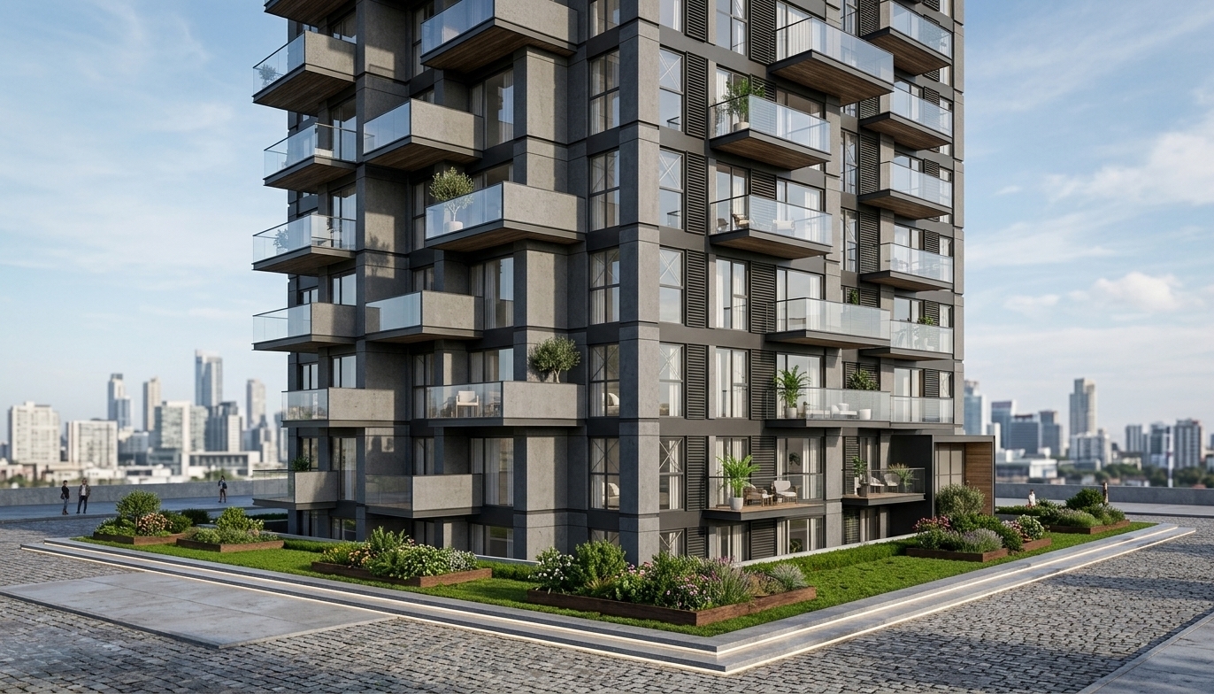 A crisp architectural photograph captured with a tilt-shift lens under bright daylight, perfectly preserving the exact angled perspective and structural geometry of the modern multi-story residential building. The facade reveals tactile multi-toned concrete panels, sleek dark window frames, and transparent glass balcony railings reflecting the open sky, complemented by subtle interior warm glows from a few apartments. Small potted flowering plants and indistinct resident figures add subtle life to select balconies, while clean daylight casts soft, natural directional shadows across the building's geometric volumes. The image features balanced exposure, neutral color science, natural material micro-textures, and fine photographic grain for complete photorealism.