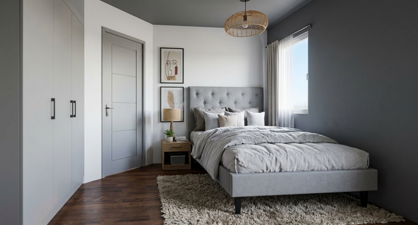 A photorealistic interior photograph of the modern bedroom, maintaining the exact layout, geometry, and composition of the scene. Bright, soft daylight streams through the side window, casting gentle, natural shadows across the rumpled linen bedding, tufted upholstered headboard, and textured area rug over rich hardwood flooring. The woven pendant lamp and bedside lamp provide subtle warm fill against the neutral white and matte grey walls. Smooth matte finishes define the wardrobe cabinets and interior door, while materials exhibit micro-textures, authentic fabric weaves, and realistic light diffusion captured on a 35mm lens with subtle depth of field and natural film grain.