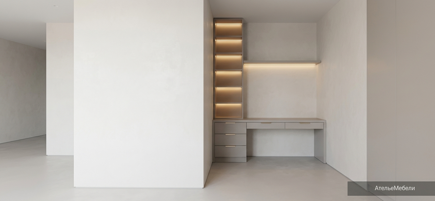 An incredibly lifelike, richly detailed, photorealistic wide-angle interior photograph of a custom minimalist study nook set in an elegant, modern home. The scene is illuminated by gentle, warm-toned linear LED strip lighting seamlessly recessed beneath every single shelf, paired with soft natural daylight spilling across the clean-lined space, creating an inviting, sophisticated, and tranquil atmosphere. Captured with a professional full-frame architectural camera and a sharp 24mm tilt-shift lens, emphasizing smooth matte finishes, flush cabinetry alignments, and refined metallic textures. Built precisely along the corner, the workspace features a seamless desk surface and an integrated, floor-to-ceiling vertical shelving tower crafted entirely in a soft, velvety cashmere grey lacquer. The lower base unit is equipped with smooth-gliding drawers adorned with slender, brushed satin-gold hardware that gleams subtly under the ambient glow. Extending horizontally above the spacious desk, a long floating cashmere-grey shelf hovers against the smooth, off-white plastered wall with zero visible brackets, casting a warm, even wash of light over the uncluttered workspace to complete this pristine minimalist haven.