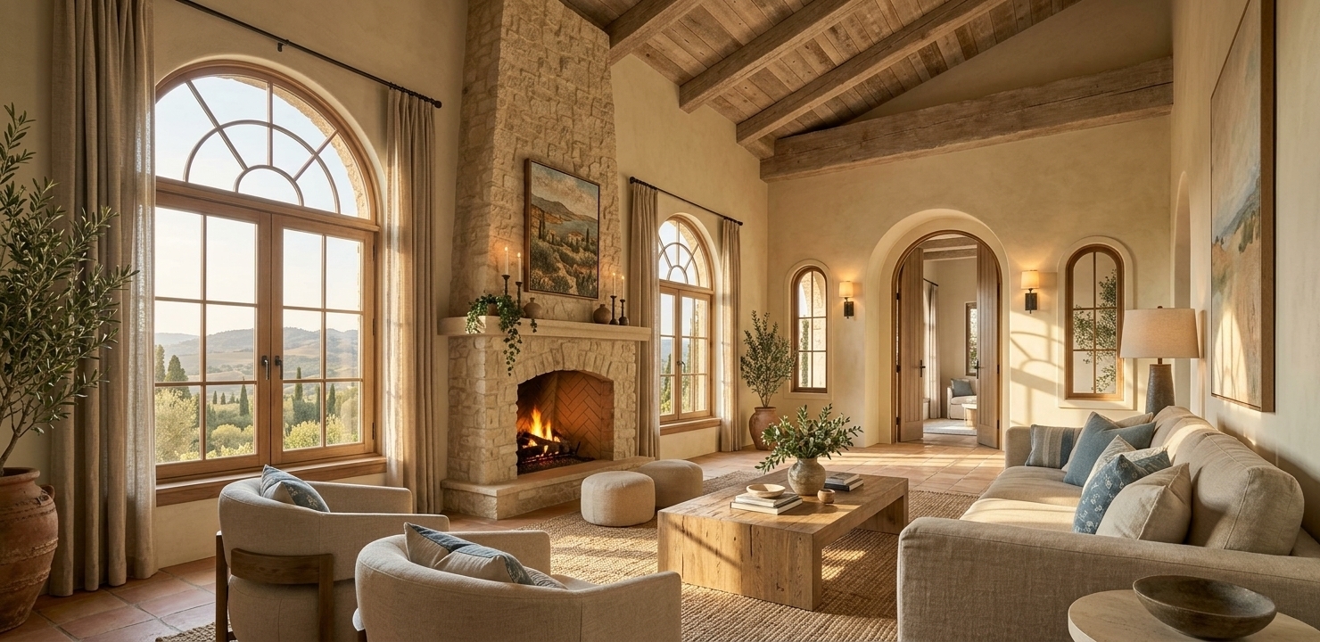 An incredibly lifelike, richly detailed, photorealistic wide-angle interior shot of an elevated Mediterranean retreat living room set in a sun-soaked hillside coastal villa. The scene is illuminated by streaming, golden late-afternoon sunlight pouring through expansive arched timber-framed windows paired with the soft, flickering glow of a chiseled limestone hearth, creating a warm, relaxed, and sun-drenched atmosphere. Captured with a full-frame mirrorless camera paired with a 24mm f/8 tilt-shift lens, emphasizing the tactile plaster textures, aged wooden ceiling beams, and sun-bleached terracotta floor tiles. The reimagined space blends casual rusticity and coastal elegance, featuring a color palette of warm neutrals, sun-baked terracotta, olive greens, and subtle dusty Aegean blue accents woven into linen cushions and bespoke ceramics. Beneath the soaring beamed cathedral ceiling, a deep-seated sand-colored linen sofa faces a sculpted reclaimed oak coffee table topped with open photography books and aged stoneware, while a pair of curved oak and wrought-iron armchairs rest effortlessly upon a layered woven jute rug. The focal stone fireplace is crowned by textured Mediterranean landscape wall art in earthy, weathered tones, flanked by hand-forged black wrought-iron wall sconces that cast a soft ambient wash over the lime-washed walls. Lush indoor plants, including a sculptural potted olive tree in an antique terracotta urn, breathe vibrant life into the room, perfectly framing breathtaking panoramic views through the arched glazing toward rolling sunlit hills and cypress groves outside.