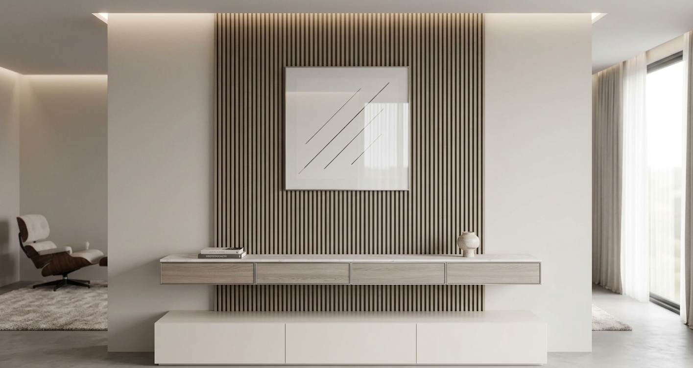 An incredibly lifelike, richly detailed, photorealistic eye-level interior shot of a bespoke media console and feature wall set in a refined, contemporary living room. The scene is illuminated by soft, ambient architectural cove lighting and diffused natural daylight, creating an airy, sophisticated, and tranquil atmosphere. Captured with a professional full-frame camera and a 35mm tilt-shift lens, emphasizing tactile textures of finely milled vertical wall slats, polished stone surfaces, and clean-lined geometry. Dominating the center, a floor-to-ceiling slatted acoustic panel in soft champagne and warm gray serves as an elegant backdrop for a high-gloss, glass-framed minimalist abstract wall artwork reflecting pristine interior light. Suspended seamlessly below is a floating four-drawer credenza topped with honed pearl marble and slim brushed metal edge accents, lightly styled with a curated photography book and a delicate ceramic vessel. Anchoring the composition, a low-profile base cabinet in seamless warm white lacquer rests cleanly on the floor, enhancing the balanced, understated elegance of this polished, modern space.