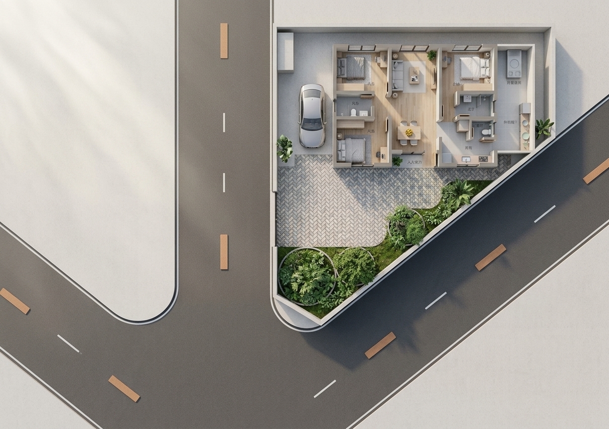 An incredibly lifelike, richly detailed, photorealistic cutaway aerial shot of a modern residential home showcasing a minimalist haven living room set in a serene, sunlit corner property. The scene is illuminated by soft, natural daylight pouring through expansive floor-to-ceiling windows, creating a tranquil, Zen-inspired atmosphere. Captured with a professional medium-format camera and a sharp architectural prime lens, emphasizing the smooth textures of light oak hardwood floors, crisp plaster walls, and lush green garden foliage outside. 

Within the streamlined living room, a refined monochromatic palette of soft whites, pale grays, and subtle pastel accents establishes an uncluttered, elegant aesthetic. Low-profile, sleek wooden and brushed-metal furnishings ground the space, featuring an impeccably styled coffee table holding a solitary art photography book. Abstract geometric wall art hangs gracefully above pristine baseboards, complemented by a sculptural indoor potted plant that breathes life into the corner. Surfaces remain effortlessly clutter-free, harmoniously connecting the open-concept lounge to the tidy dining area, bedrooms, and the meticulously laid herringbone stone courtyard visible just beyond the threshold.