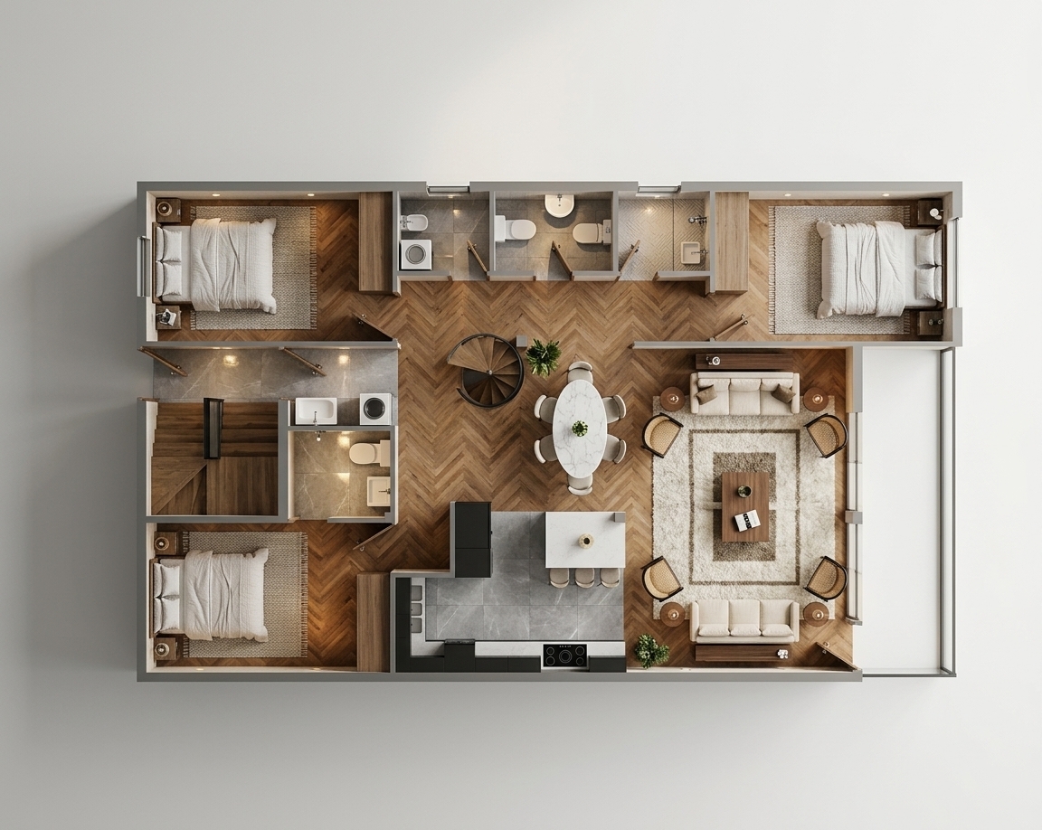 An incredibly lifelike, richly detailed, photorealistic top-down architectural cutaway photograph of a stylish residential floor plan set in a modern fusion urban apartment. The scene is illuminated by soft, natural daylight diffused through exterior openings paired with warm recessed ceiling fixtures, casting gentle, delicate drop shadows beneath every piece of furniture to create an inviting, sophisticated, and lived-in atmosphere. Captured with an overhead architectural prime lens with edge-to-edge sharpness, emphasizing the tactile textures of rich herringbone oak hardwood running throughout the expansive open-concept living and dining zones, contrasted with cool, polished grey porcelain tiles in the streamlined kitchen and bathrooms. In the main lounge, plush cream linen sofas and woven-backed accent chairs frame a generous low-profile walnut coffee table resting atop a high-pile wool area rug. Nearby, an elegant oval marble dining table is encircled by sculpted contemporary chairs, while the bedrooms reveal crisp, subtly folded duvet covers and textured bedside rugs, bringing the entire layout to life with exquisite depth, refined color harmony, and photorealistic warmth.