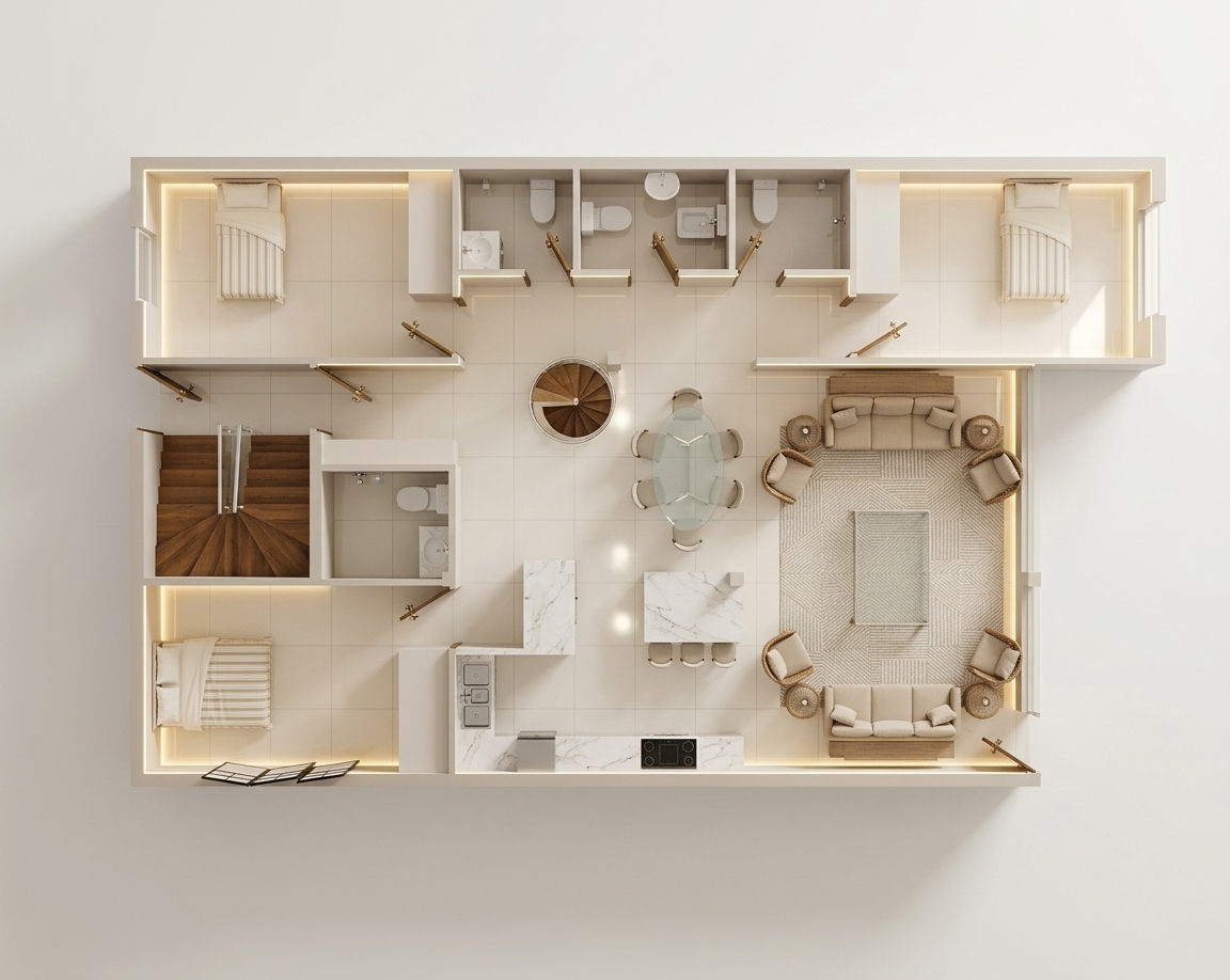 An incredibly lifelike, richly detailed, photorealistic top-down architectural photograph of a modern fusion apartment interior set in a contemporary residential home. The scene is illuminated by warm, concealed perimeter lighting and soft daylight, creating a bright and serene atmosphere. Captured with a high-resolution overhead camera with a crisp wide-angle lens, emphasizing glossy cream ceramic floor tiles, rich upholstery, and smooth marble countertops. 

The spacious open-concept living room centers around tailored beige sofas, woven-textured accent armchairs, and a large neutral area rug. Seamlessly adjoining is an elegant oval glass dining table and an integrated kitchen island with ceramic finishes. Crisp interior partitions reveal private bedrooms dressed in cream linens and modern bathrooms, completing a cohesive, high-end living environment seen from a precise overhead perspective.