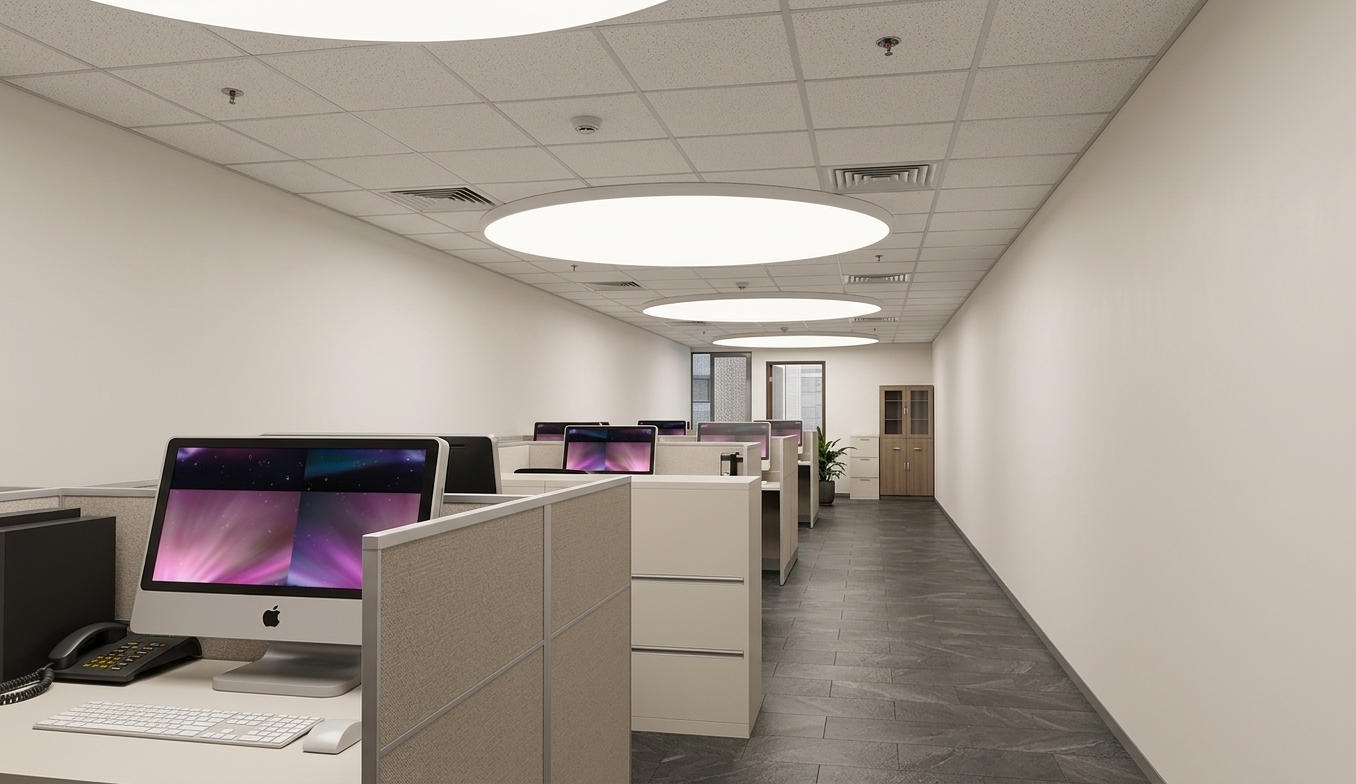 A crisp, bright architectural photograph of the office corridor, maintaining the exact perspective and layout under clean commercial lighting. The walls feature smooth, matte penguin-white paint reflecting soft illumination from flush LED panel lights embedded in the exposed grid ceiling. The cubicle partitions display authentic acoustic fabric texture with finely detailed weave on the colored panels and subtle brushed aluminum trim. Below, the floor is rendered as realistic stone-textured SPC tiling with a faint matte sheen and authentic mineral patterns, complemented by subtle reflections on the computer monitors and desks under a sharp, daylight-balanced exposure.