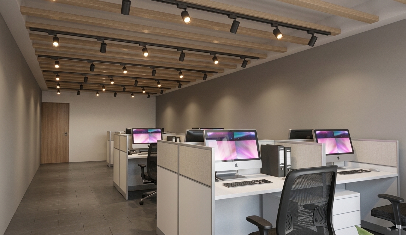 A bright, clean professional interior photograph preserving the exact layout, perspective, and composition of the scene, illuminated by warm 3500K track spotlights and balanced ambient light. The office cubicle partitions feature photorealistic, tactile fabric acoustic panels with a visible micro-woven texture and smooth framing. Authentic material finishes are rendered throughout, including natural wood grain on the ceiling slats and far door, realistic brushed aluminum and subtle glass reflections on the desktop computer screens, woven mesh on the ergonomic office chairs, and faint specular sheen on the dark tiled flooring. Captured with a sharp architectural lens with natural exposure, soft contact shadows, and realistic color depth.