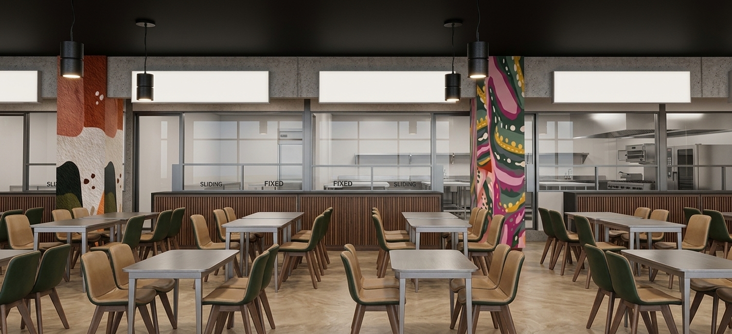 A photorealistic interior architectural photograph of this cafeteria dining hall, maintaining the exact perspective and layout. The ceiling is matte black with realistic exposed ducting, while the floor is finished in seamless, beige-toned commercial vinyl with a soft, natural satin sheen and subtle reflections. Warm, diffuse accent lighting emanates softly from the service counters, illuminating the rich vertical wood slat paneling below the glass partitions. The patterned columns, modern olive and tan dining chairs, and laminate tables exhibit authentic micro-textures, complemented by ambient light from black cylindrical pendant fixtures, realistic contact shadows, and balanced, photographic exposure throughout the space.