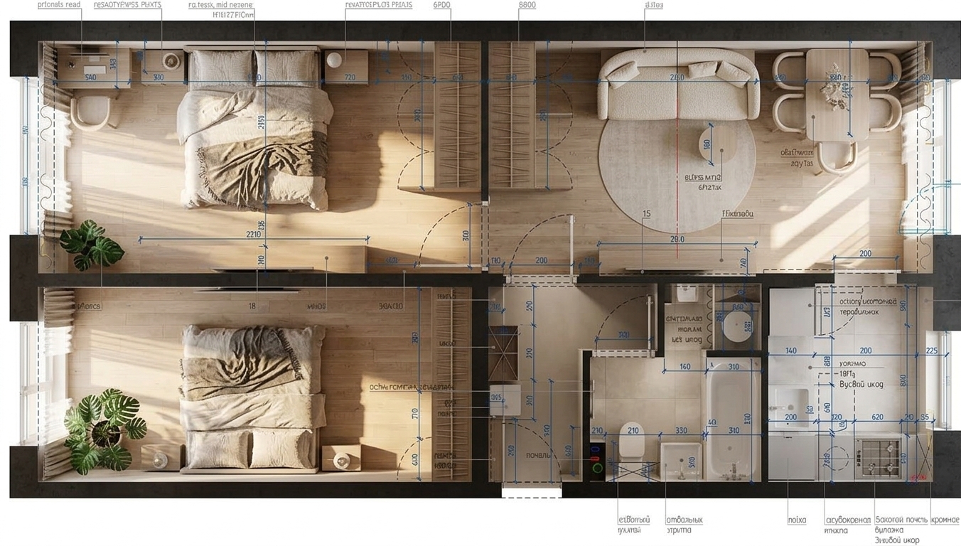 An incredibly lifelike, richly detailed, photorealistic elevated 3D cutaway photograph of an open-concept apartment interior set in a chic, contemporary urban residence. The scene is illuminated by brilliant midday summer sunlight pouring through large sheer-draped windows, creating a serene, airy, and inviting atmosphere. Captured with an overhead architectural tilt-shift lens, emphasizing the fine grain of light Scandinavian oak flooring, smooth matte plaster walls, and rich woven fabrics. In the living room, a low-slung, tailored cream fabric sofa is accented by plush cushions, centered on a plush circular area rug beside a minimalist wooden coffee table and a streamlined media console. Flowing naturally from the living space, a refined dining table with sculptured curved chairs sits bathed in warm daylight next to an integrated galley kitchen lined with seamless flat-panel cabinetry. Across the partition, the sun-drenched bedroom reveals an inviting bed dressed in crisp, natural linen with a rumpled throw, complemented by a serene study corner, built-in floor-to-ceiling wardrobes, and a lush potted Monstera plant, while the adjoining bathroom gleams with sleek porcelain tiles, a modern deep-soaking tub, and polished chrome fixtures, completing a masterfully organized minimalist haven.