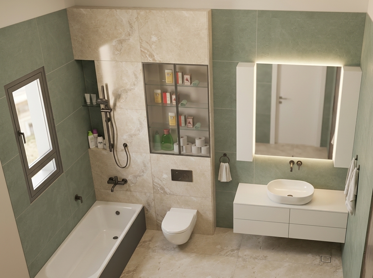 Render this 3D bathroom model into a photorealistic architectural interior photograph without changing the layout. Maintain all elements exactly as shown: large sage-green wall tiles, beige marble tiles behind the wall-hung toilet and upper cabinets, the glass-door cabinet, a white floating vanity with an oval vessel sink, an illuminated frameless mirror, and a white bathtub with dark fixtures under soft, realistic warm bathroom lighting.