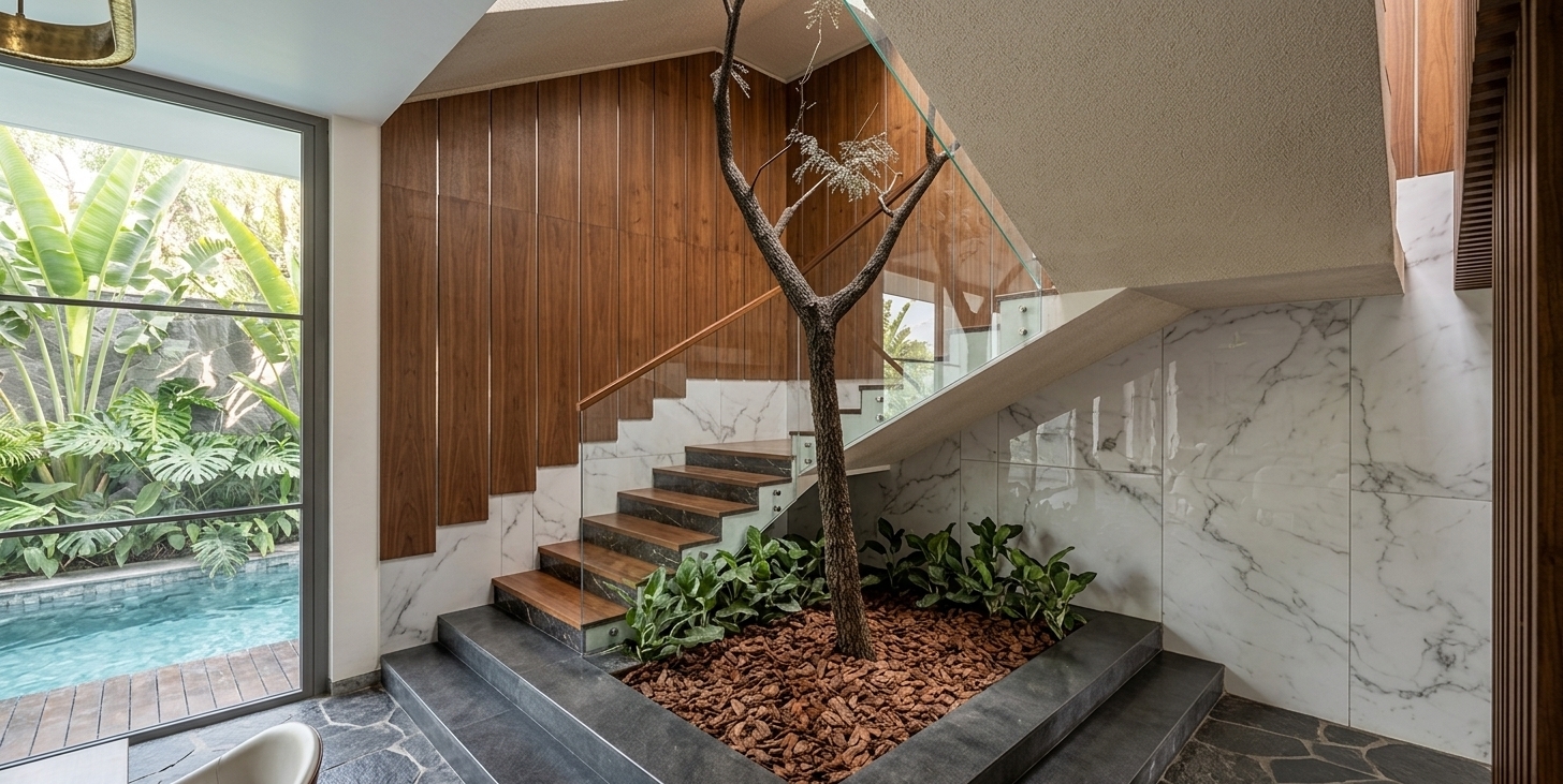 An architectural photograph captured with an ultra-wide tilt-shift lens, strictly preserving the exact geometry, perspective, and layout of the staircase and indoor courtyard. Soft, cool natural daylight streams in from the floor-to-ceiling glass pool enclosure on the left, casting diffused ambient light across the large-format white and grey veined marble floors and wall panels. Warm, concealed linear downlights graze the vertical rich timber wall cladding, highlighting the tactile wood grain and illuminating the marble and wood stair steps. The indoor planter features a textured, organic tree trunk emerging from reddish-brown pebble mulch, surrounded by glossy, waxy tropical leaves with realistic surface moisture and dust. The glass balustrade features subtle environmental reflections and physical edge refraction, creating a balanced dynamic range with soft, natural contact shadows, rich material textures, and mild photographic grain.