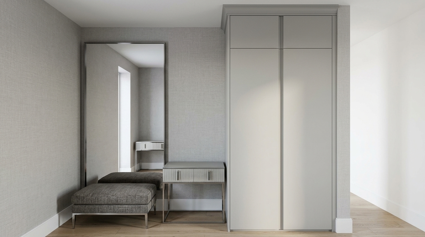 Transform this 3D interior mockup into a realistic photograph. Maintain the exact layout, dimensions, and positions of all furniture: the tall light-gray wardrobe on the right, the fluted-front console table on thin metal legs, and the gray upholstered ottoman. Keep the original light-gray color and matte finish of the wardrobe facades unchanged. Enhance the scene with photorealistic textures, light oak wood flooring, soft natural daylight with realistic ambient occlusion and shadows, and accurate reflections in the large vertical mirror.