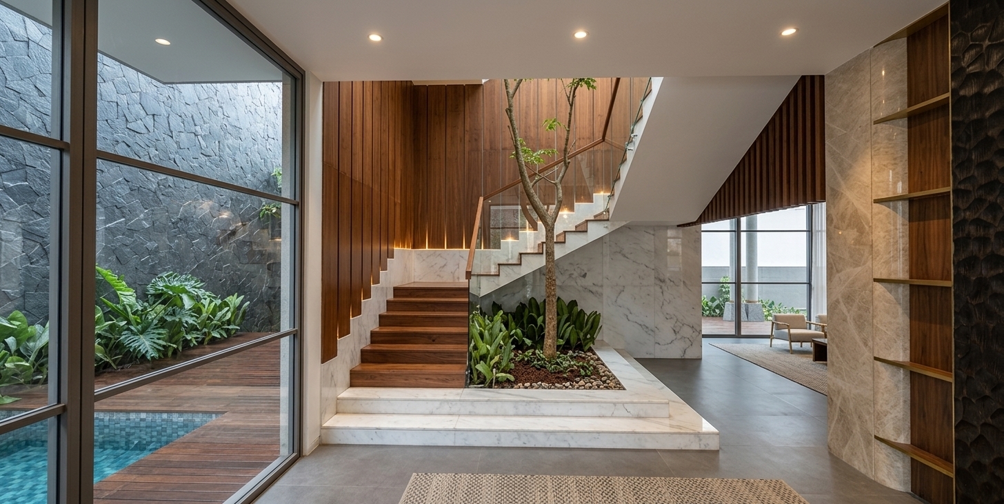 An eye-level architectural photograph captured with a sharp wide-angle lens, preserving the exact layout and geometry of the modern interior. Cool, soft daylight filters through the left glass wall from the outdoor pool, casting realistic reflections across the large-format polished grey marble floor. The central staircase features rich wooden treads and veined white marble risers, illuminated by warm recessed LED grazing along the vertical timber wall slats. Beneath the stairs, a natural indoor courtyard displays a slender textured tree rooted in reddish-brown mulch and lush, waxy tropical foliage. Balanced exposure harmonizes the warm interior accent lights with ambient daylight, complemented by authentic material physics, gentle glass reflections, realistic contact shadows, and subtle photographic grain.