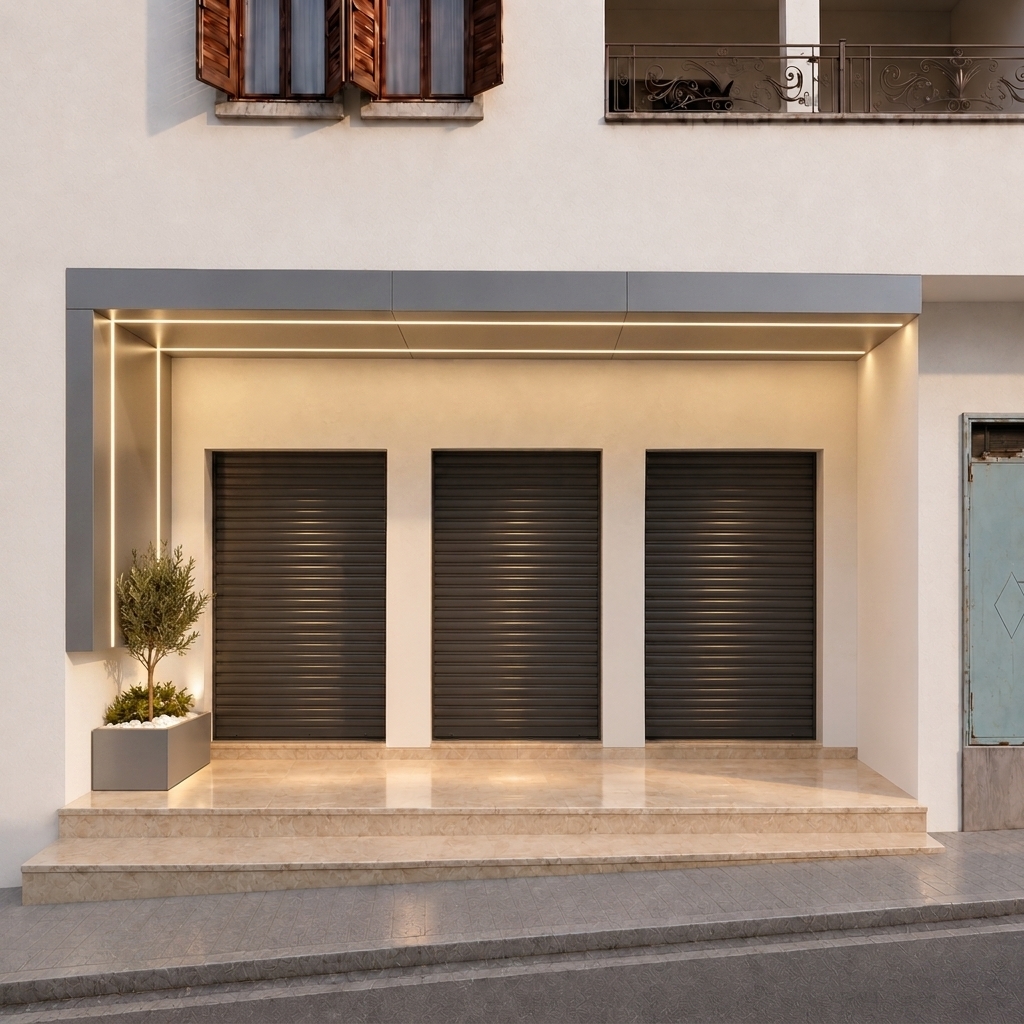 Modify the storefront in the blue marked area: replace the current left wall panel and soffit configuration with an architectural paneling feature that begins 100 cm above the floor, leaving a clear void beneath it. Inset 10 cm from the outer edge, add two continuous linear LED strip lights running vertically up the left wall and wrapping 90 degrees to extend horizontally across the ceiling soffit. Remove the blue markup lines and maintain the overall lighting, materials, and storefront structure.