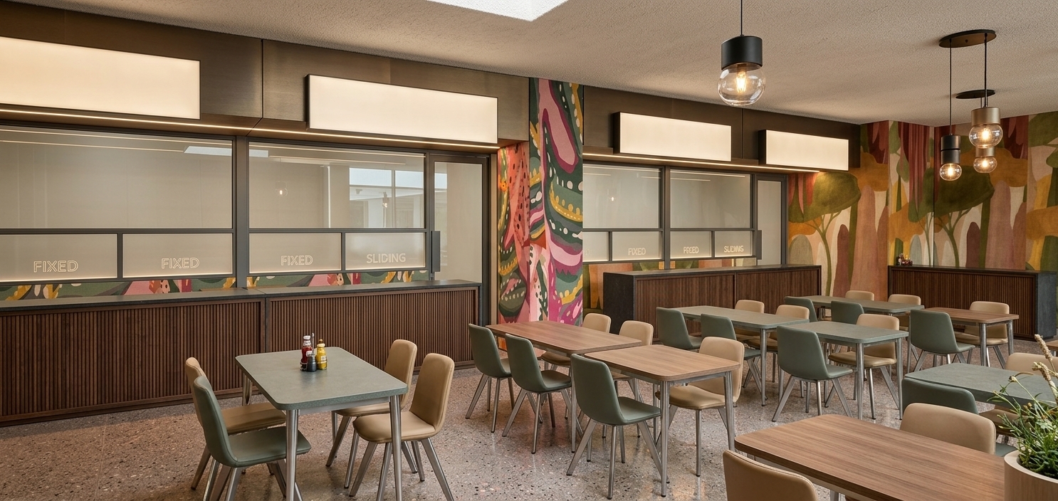 A crisp interior photograph of this modern cafeteria space, retaining the exact geometry, seating layout, order counters, and colorful patterned walls. The floor is surfaced in smooth, matte beige-toned vinyl with realistic subtle seams and soft ambient reflections. Warm, diffused commercial lighting casts gentle, realistic shadows across the laminate tabletops, green and tan dining chairs, and ribbed wood-panel counter bases. The image features natural depth of field captured on a 24mm tilt-shift architectural lens, balanced exposure, clean color tones, and faint photorealistic lens imperfections.