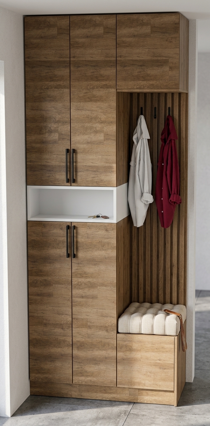 A clean architectural photograph of the entryway unit, preserving the exact geometry, composition, and camera angle under bright midday summer light. The warm wood cabinetry features authentic textured grain with a subtle satin sheen, contrasted by the smooth white drawer band and matte black slim handles. The tufted bench cushion reveals soft fabric creasing, while the hanging coats display natural cloth drape and micro-texture. Bright, warm daylight enters from an off-camera window, casting sharp yet soft-edged shadows beneath the overhangs and slatted panel, producing a crisp, naturally lit interior scene.