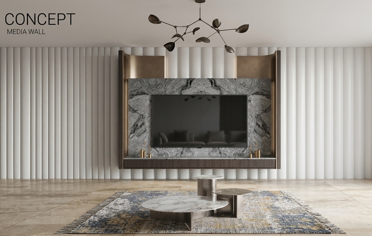A high-end architectural photograph of the modern media wall setting, captured straight-on with a 35mm lens in soft, natural ambient daylight. The fluted white paneling exhibits authentic depth and soft linear shadows, contrasting with the glossy, veined grey granite feature wall and matte television screen. Tactile textures emerge through the dark wood floating console, brushed champagne-bronze curved niches, and the sculptural black ceiling mobile. Nesting round marble coffee tables cast gentle contact shadows across the subtly textured woven rug and polished limestone floor tiles, achieving a balanced, photorealistic interior scene.