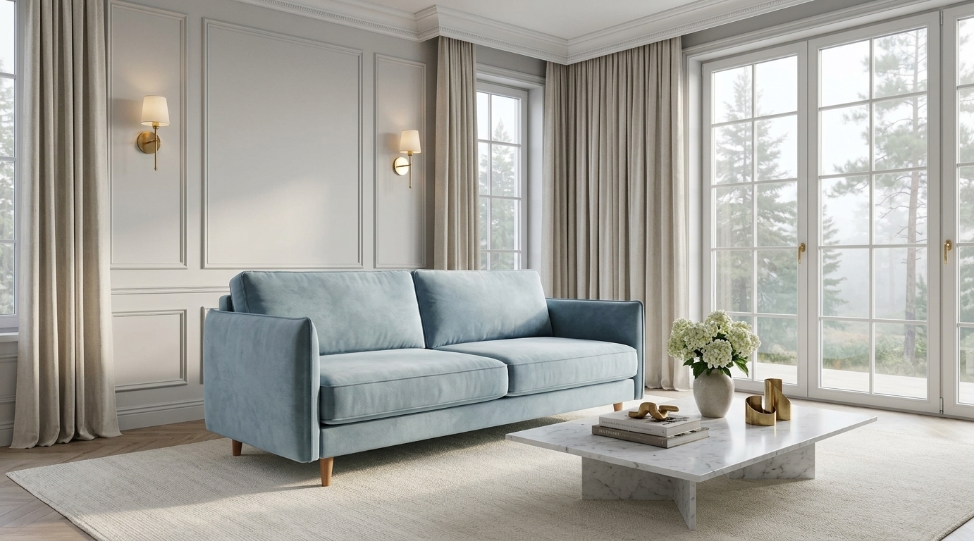 An incredibly lifelike, richly detailed, photorealistic wide-angle interior shot of a sophisticated modern-classical living room set in an airy, Scandinavian-inspired sanctuary. The scene is illuminated by soft, diffused morning sunlight streaming through expansive floor-to-ceiling French windows and the warm, ambient glow of polished brass wall sconces, creating a tranquil, refined, and cozy atmosphere. Captured with a 35mm architectural lens, emphasizing the tactile weave of plush fabrics, delicate wall moldings, and natural wood grain.

The focal point is an inviting, plush light-blue velvet sofa with tailored stitching, positioned gracefully atop a light ivory hand-knotted wool rug. Surrounding the seating area, pale dove-grey walls are embellished with intricate wainscoting and classical crown cornices, framing heavy floor-length linen drapes in a soft oatmeal hue. A honed Carrara marble coffee table holds curated art books, a ceramic vase of fresh white hydrangeas, and sculpted brass accents. Through the tall glass windows, a peaceful view of misty pine trees connects the refined interior with the quiet calm of the outdoors, perfectly balancing classical elegance with serene Nordic minimalism.