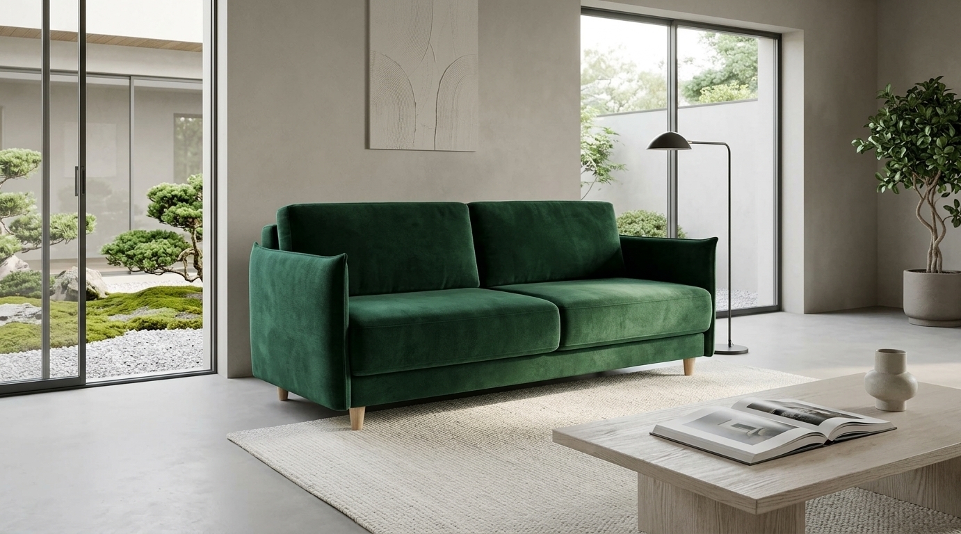 An incredibly lifelike, richly detailed, photorealistic wide-angle interior shot of a minimalist living room haven set in an architecturally refined modern home opening toward a tranquil exterior garden. The scene is illuminated by soft, diffused morning daylight streaming through floor-to-ceiling glass sliding doors, creating a serene, zen-inspired atmosphere. Captured with a 35mm lens on a full-frame camera, emphasizing the plush, tactile weave of the deep emerald green velvet sofa, smooth micro-cement floors, and fine-grained pale oak finishes. 

Serving as the room’s elegant anchor, the sofa rests on a subtle, low-pile off-white wool rug, accompanied by a sleek, low-profile bleached oak coffee table displaying an open art photography book and a minimalist ceramic vessel. Delicate abstract wall art with muted plaster textures adorns the neutral greige wall behind, while an understated matte-black metal floor lamp adds streamlined functionality. In the corner, a sculptural indoor ficus tree introduces an organic touch, harmonizing the uncluttered interior with the peaceful, minimalist landscape framed by the expansive windows outside.