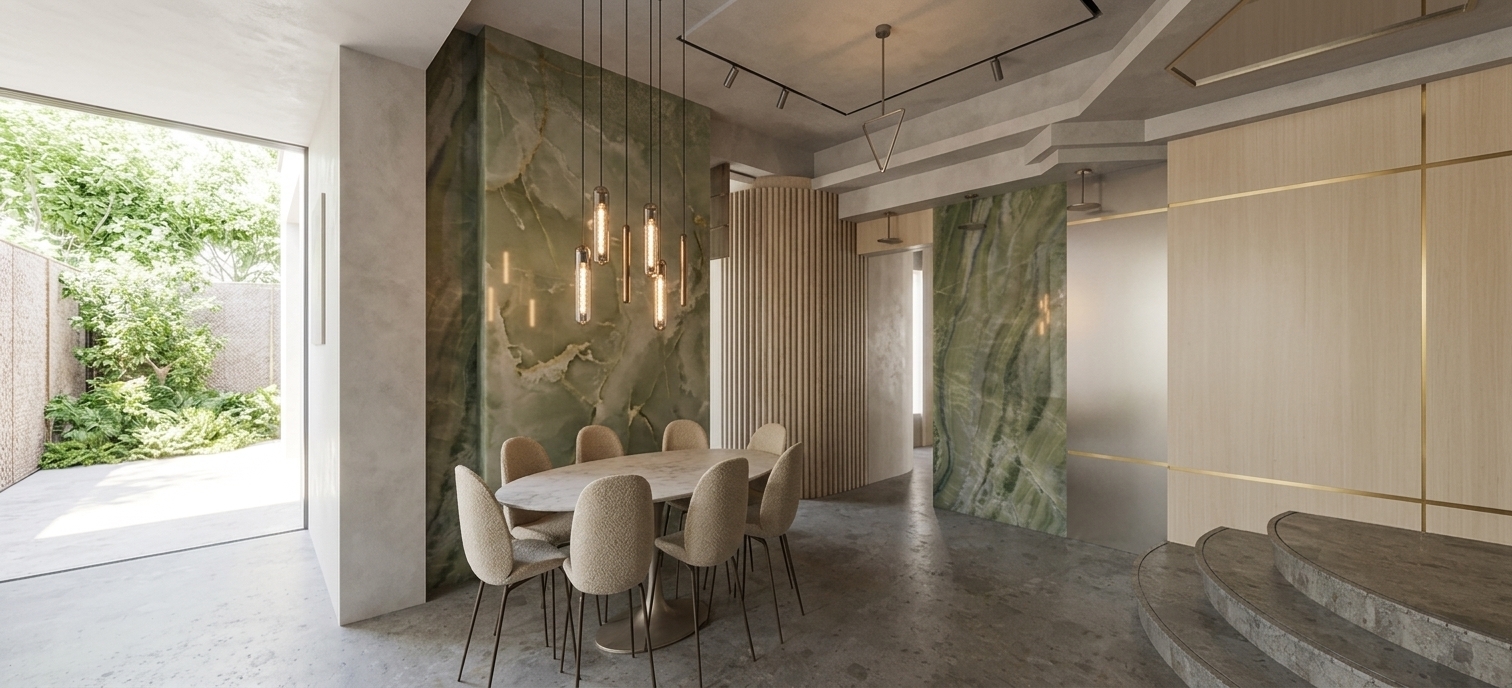 An architectural photograph shot with a 24mm tilt-shift lens, featuring clear midday spring daylight pouring from the open left side, paired with warm ambient illumination from the slender pendant lights. The exact geometry, layout, and composition are faithfully maintained. Finishes feature realistic physical textures: polished green-veined marble panels with soft reflections, a honed stone dining table, finely woven fabric dining chairs, and a matte concrete floor with natural micro-imperfections. Balanced global illumination casts soft contact shadows and subtle specular highlights, creating a clean, photorealistic interior scene.
