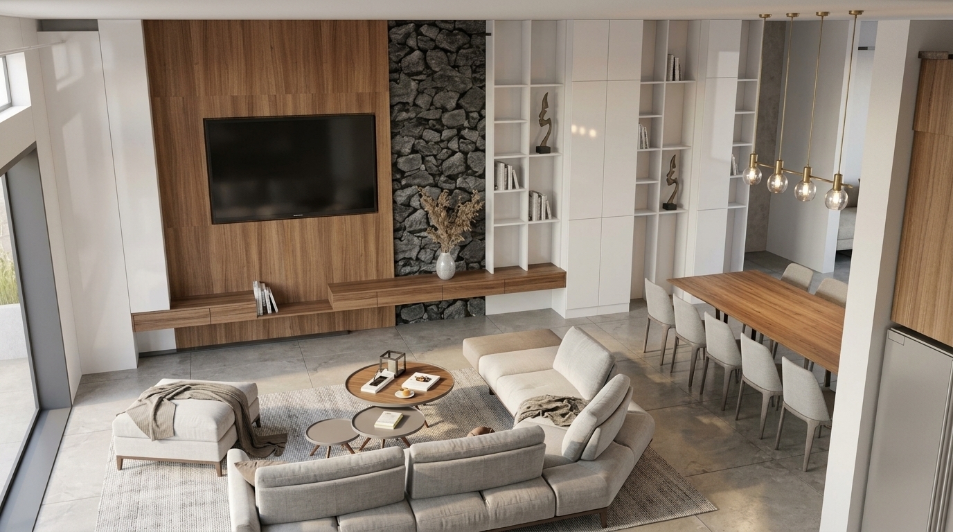 Turn this 3D model sketch into a photorealistic interior render without changing any geometry, layout, or placement. Add realistic lighting, shadows, and natural textures to the wood paneling, dark stone accent wall, large floor tiles, white cabinetry, dining set, and upholstered sectional sofa.
