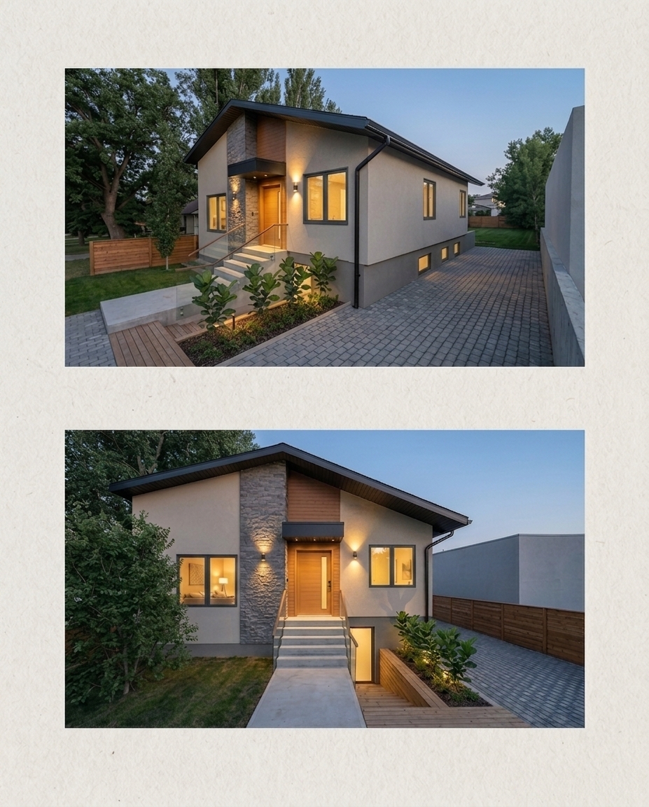 An architectural dusk photograph perfectly preserving the building geometry, stone accents, warm entryway, paved driveway, and composition, altering only the window frames to a clean matte dark grey finish. Warm interior illumination and sconce lights glow against the cool twilight sky. The shot exhibits authentic photographic characteristics, featuring sharp focus, natural glass reflections, subtle micro-textures on the stucco and paving, gentle lens vignetting, and fine camera sensor grain.